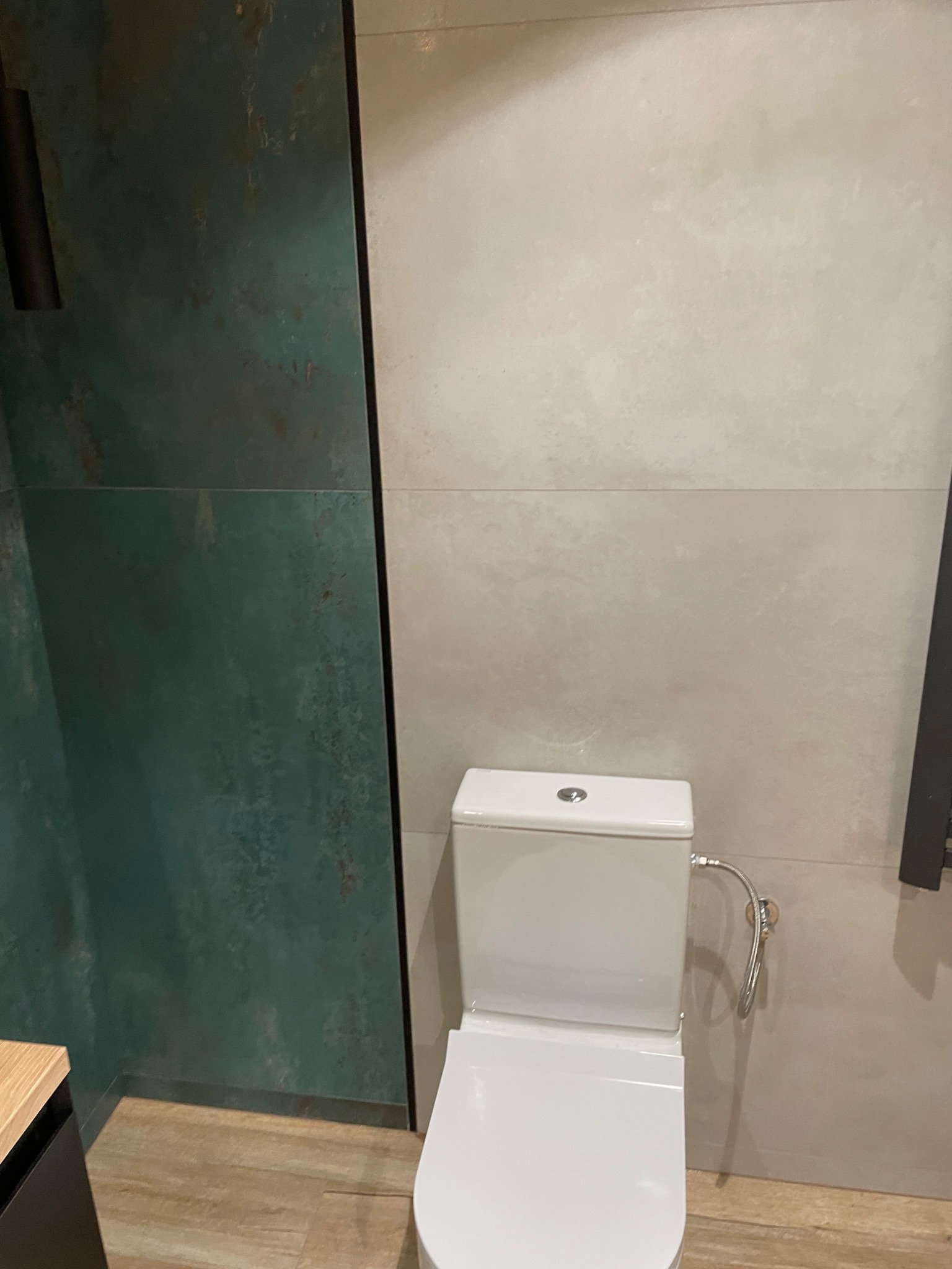 Nowoczesna toaleta z bidetką, umieszczona na tle płytek imitujących drewno i zielonej ściany z efektem rdzy.