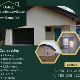 Grafika reklamowa firmy budowlanej New Home D.S. prezentująca zakres usług: elewacje, usługi dekarskie, szpachlowanie, malowanie, zabudowy G-K, glazura, terakota. Zawiera zdjęcia elewacji budynku...