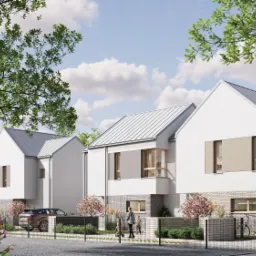 Wizualizacja szeregu nowoczesnych domów jednorodzinnych z szarymi dachami w Warszawie. Projekt z elementami cegły i dużymi oknami, w otoczeniu zieleni.