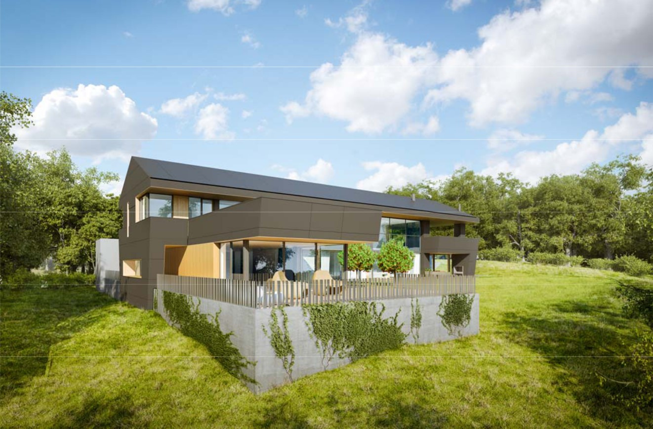 Wizualizacja nowoczesnego, dwukondygnacyjnego domu z płaskim dachem i panelami słonecznymi, z dużymi przeszkleniami i tarasem z widokiem na zielony teren.