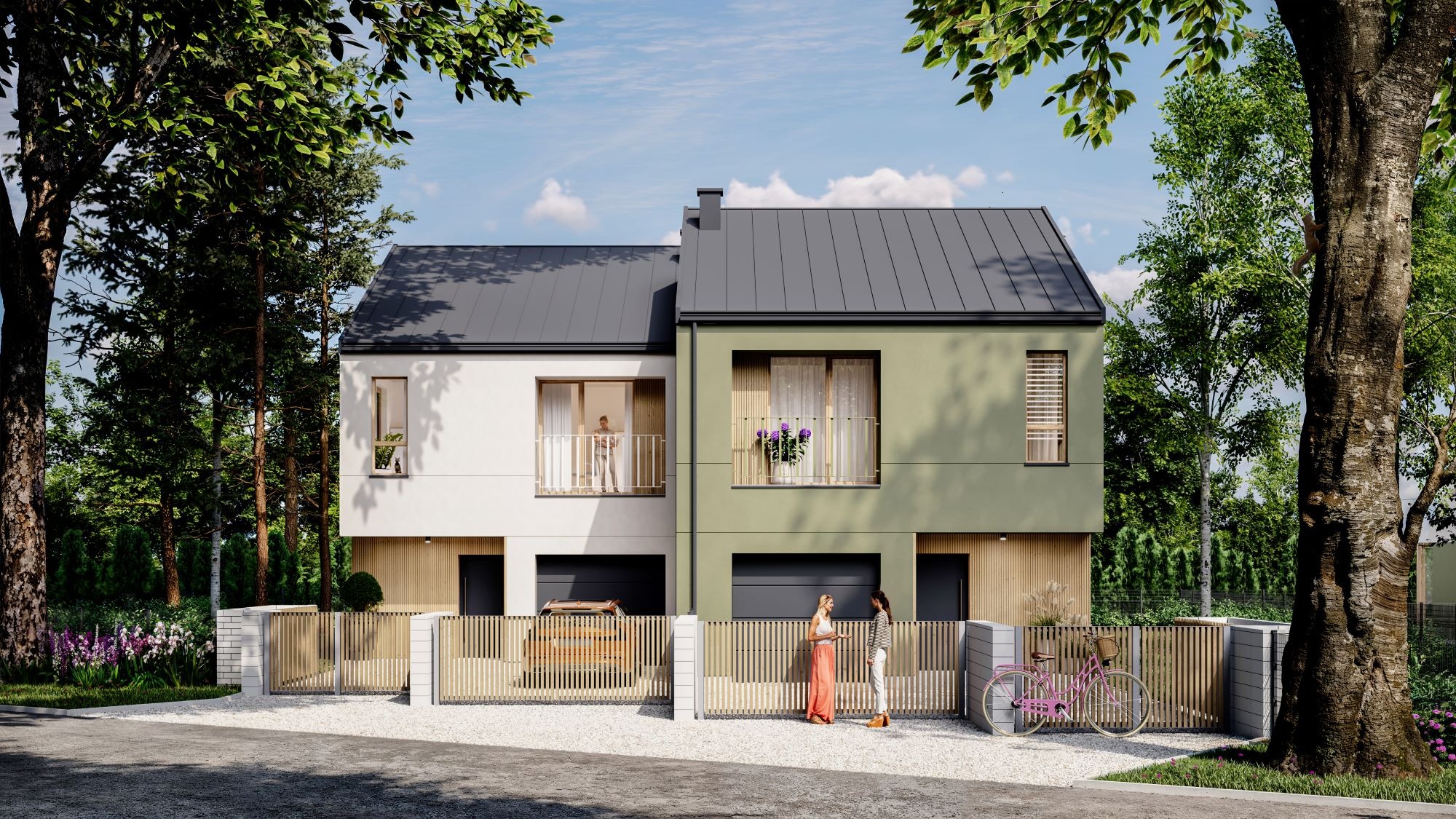 Wizualizacja bliźniaka z szarą dachówką, drewnianym ogrodzeniem i różowym rowerem. Dwie osoby rozmawiają przed budynkiem, a jedna stoi na balkonie.