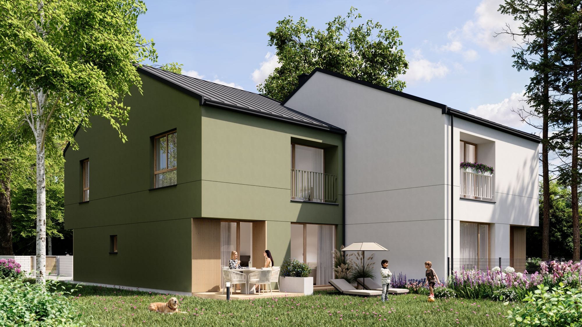 Wizualizacja nowoczesnego domu dwukondygnacyjnego z ogrodem, gdzie na tarasie siedzą dwie kobiety. Obok leżak z parasolem i bawiące się dzieci. Pies leży na trawie.