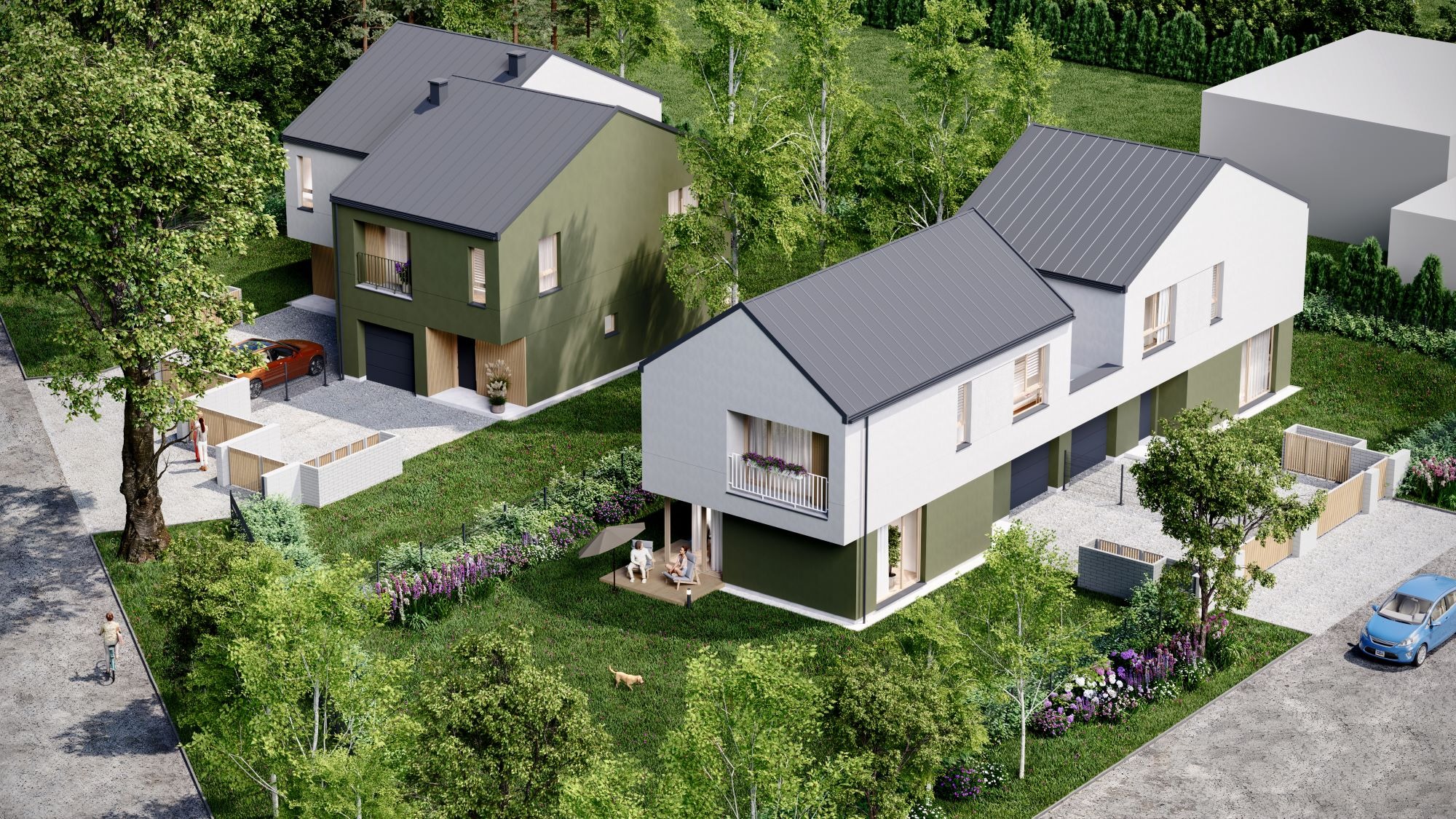 Wizualizacja osiedla domów szeregowych z zielonymi dachami i ogrodami. Widoczny samochód, ludzie na tarasie i pies. Całość w naturalnej kolorystyce i miękkim oświetleniu.
