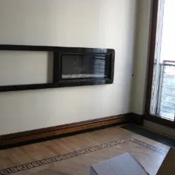 Nowoczesny kominek elektryczny z czarną obudową, wbudowany w białą ścianę, z dekoracyjnym wzorem na parkiecie i widokiem na balkon przez okno.