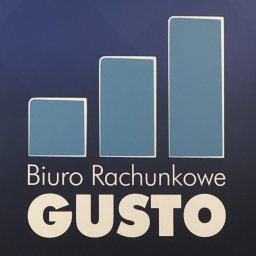 Biuro Rachunkowe Gusto Sp. z o.o. - Logo biura rachunkowego 'GUSTO' na granatowym tle z trzema jasnoniebieskimi słupkami w formie wykresu wzrostowego. Napis 'Biuro Rachunkowe' nad nazwą firmy.