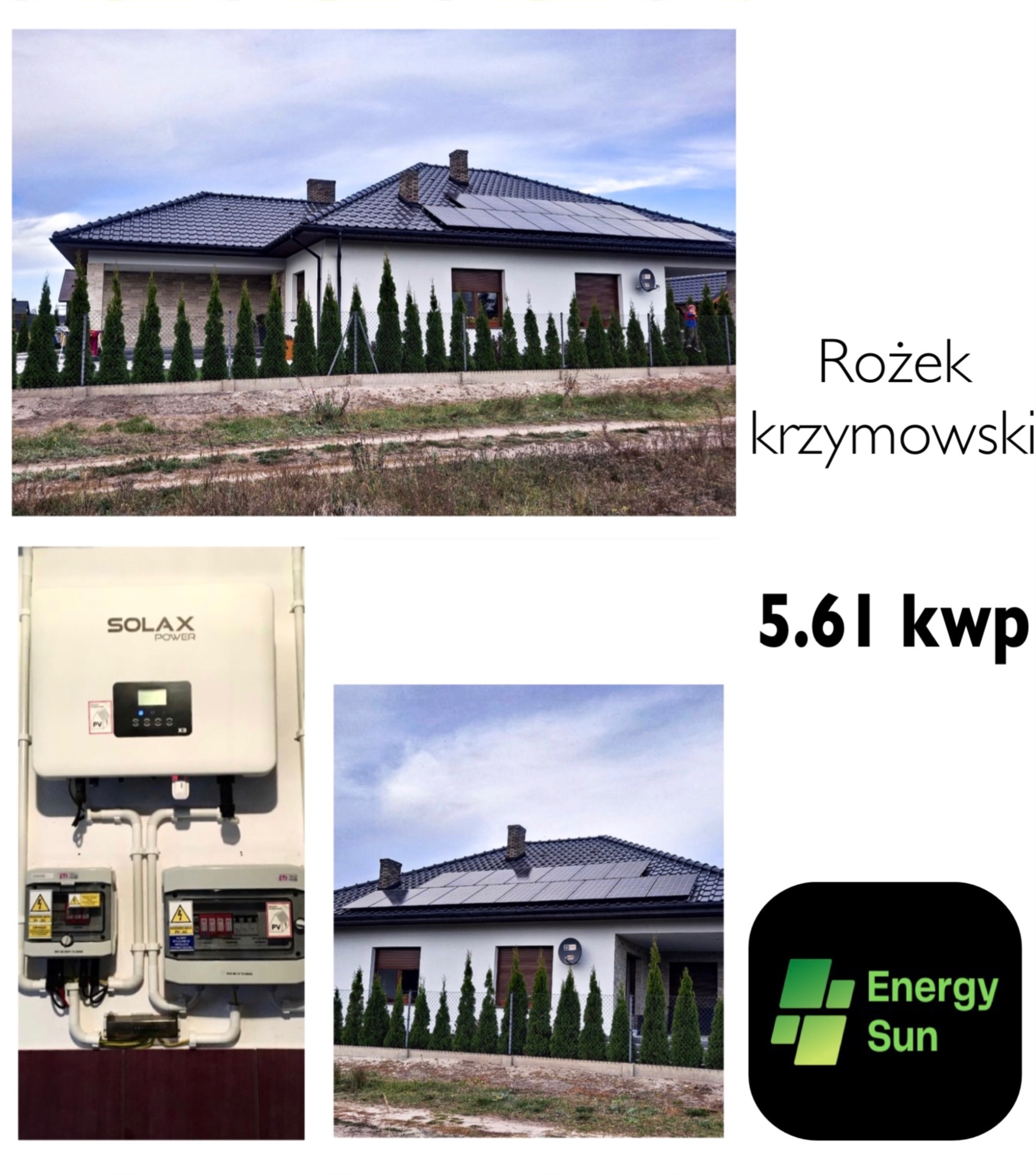 Instalacja paneli słonecznych na dachu nowoczesnego domu jednorodzinnego, widoczny falownik Solax Power na ścianie wewnętrznej oraz logo firmy Energy Sun.