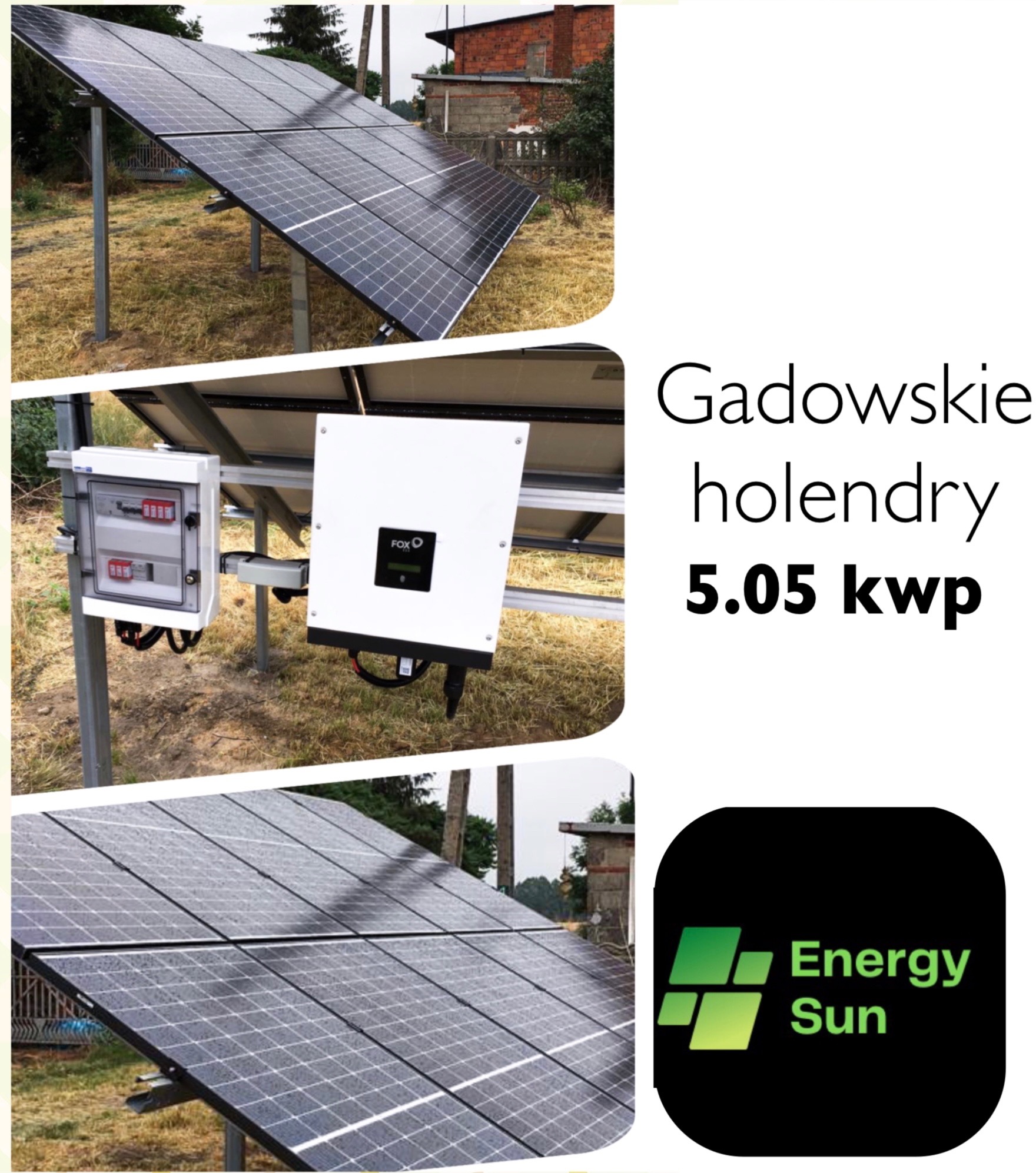 Instalacja paneli słonecznych na gruncie, widoczny inwerter FOX ESS i skrzynka z bezpiecznikami, w tle budynek mieszkalny, logo Energy Sun.