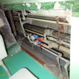 Rury wodne i zawory w starej łazience we Wrocławiu, widoczne ślady korozji na wspornikach i odpryski farby na ścianie.