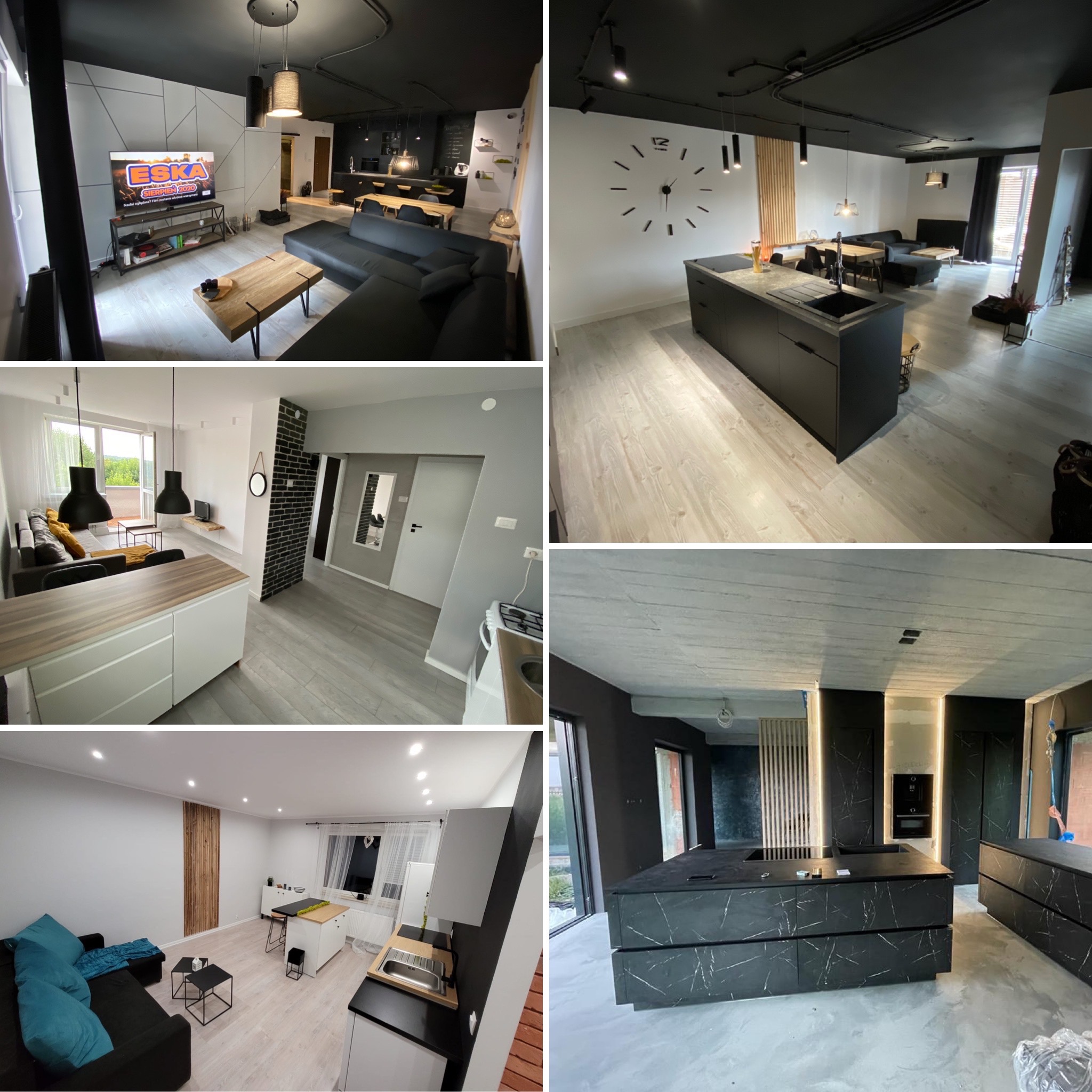 Nowoczesne wnętrze mieszkania z aneksem kuchennym, drewnianą podłogą i czarnym sufitem z widocznymi instalacjami elektrycznymi.