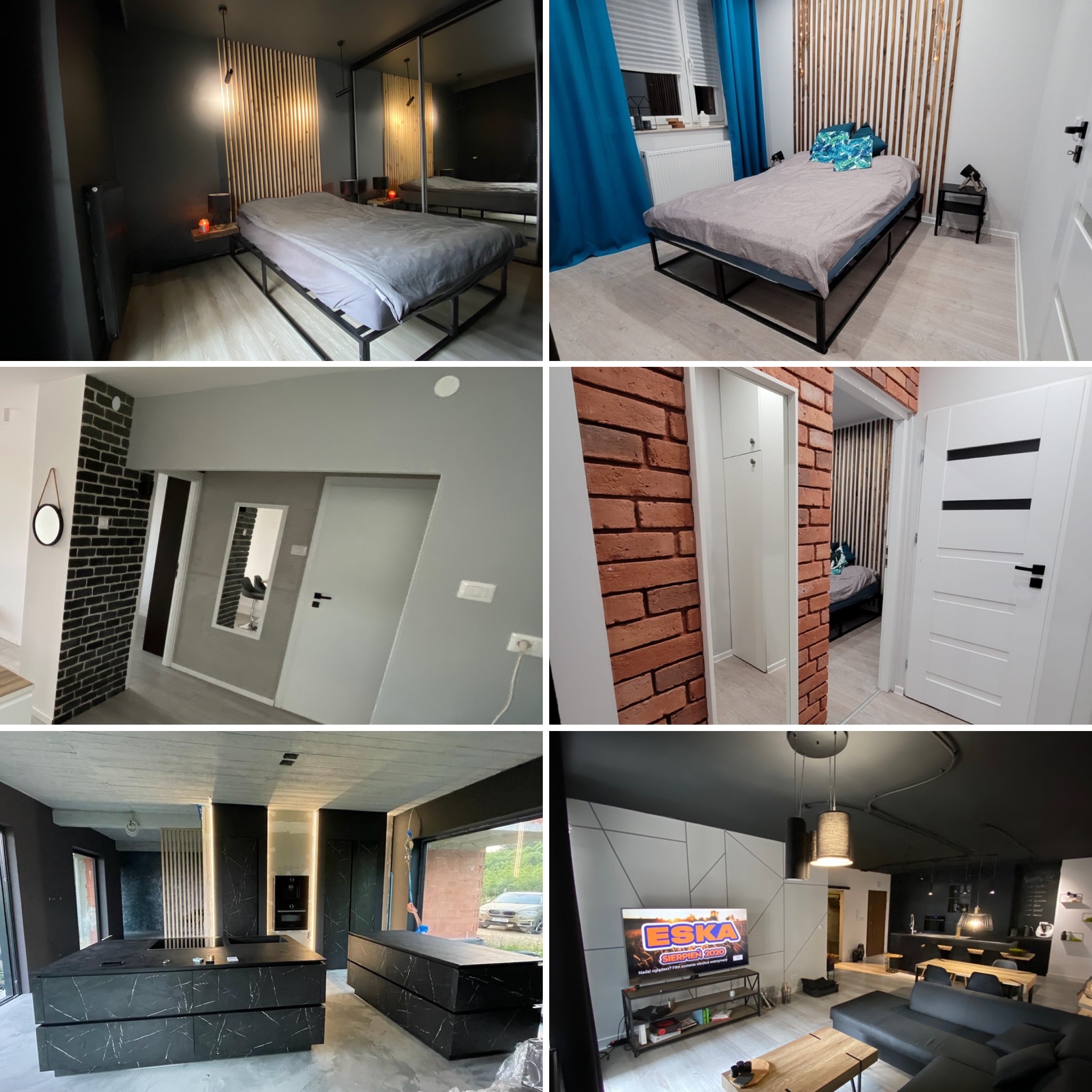 Zestaw zdjęć przedstawiających wnętrza po remoncie: sypialnie z dekoracyjnymi panelami ściennymi, korytarz z ceglaną ścianą i lustrem oraz kuchnię z wyspą wykończoną czarnym marmurem.