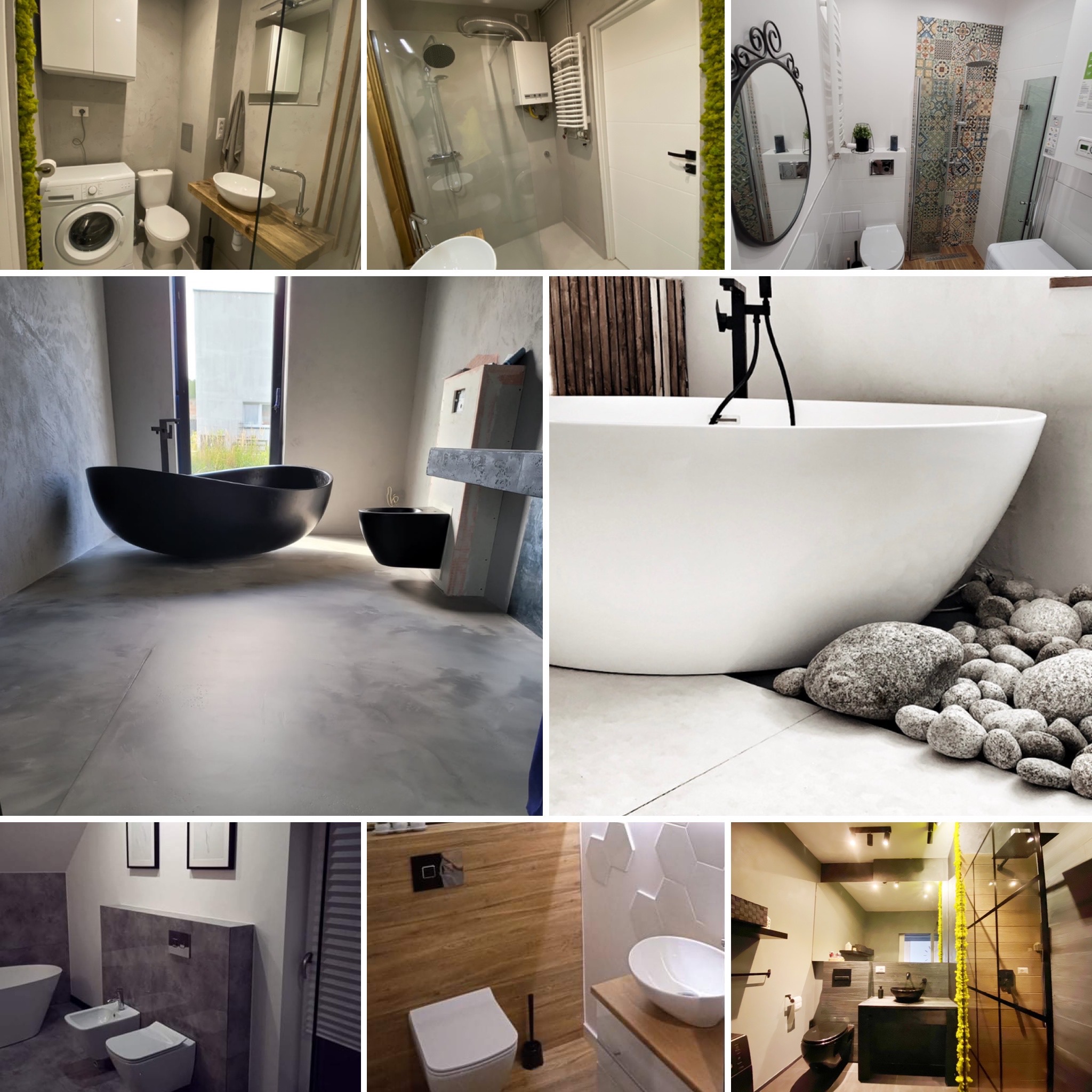 Kolaż przedstawiający różne, stylowe aranżacje łazienek: nowoczesne umywalki, wanny wolnostojące, kabiny prysznicowe z mozaiką, toalety podwieszane i pralki wkomponowane w wystrój.