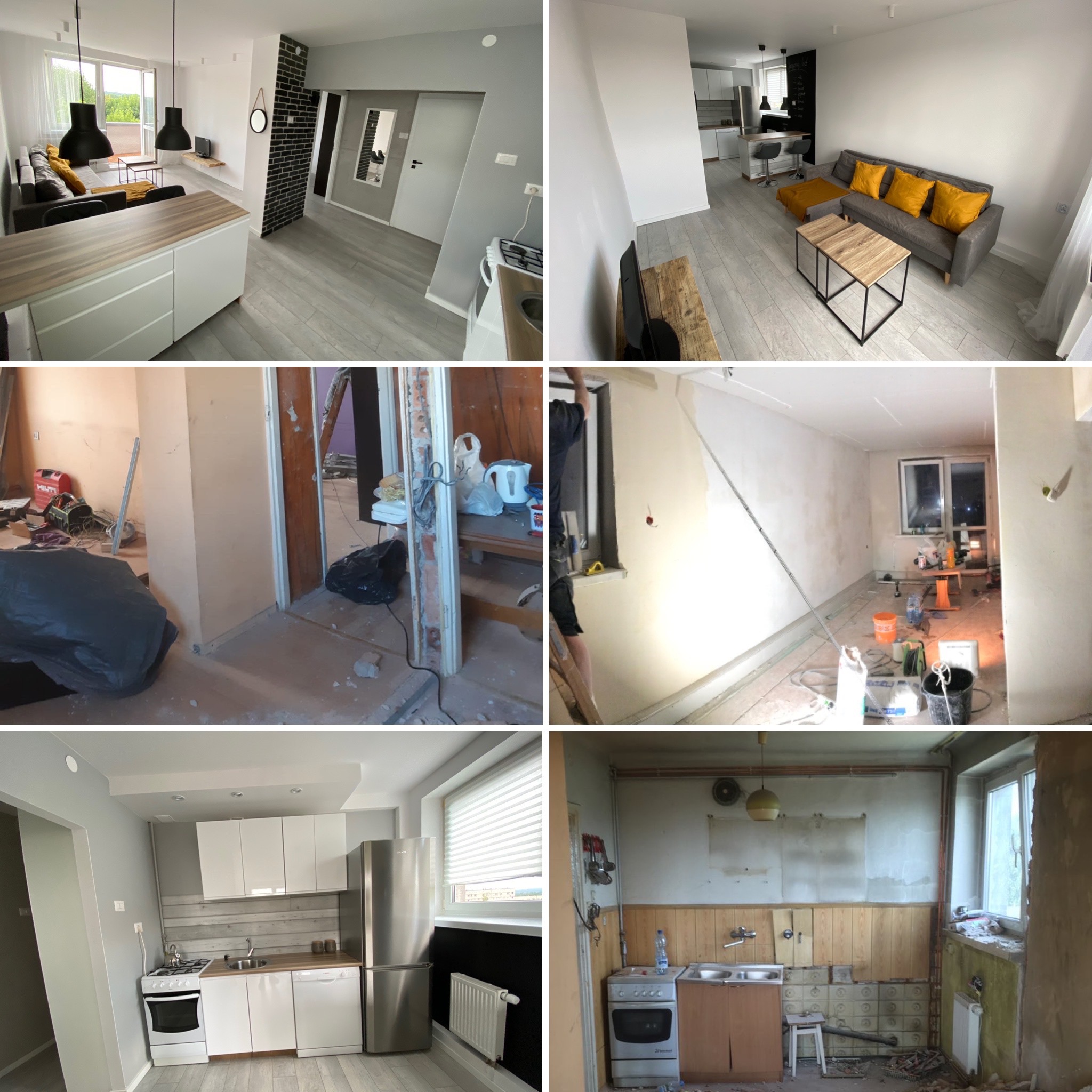 Kolaż zdjęć przedstawiający etapy prac w mieszkaniu: od stanu przed remontem, przez prace w toku, po wykończone wnętrza z szarym narożnikiem z żółtymi poduszkami i kuchnią z białymi szafkami.