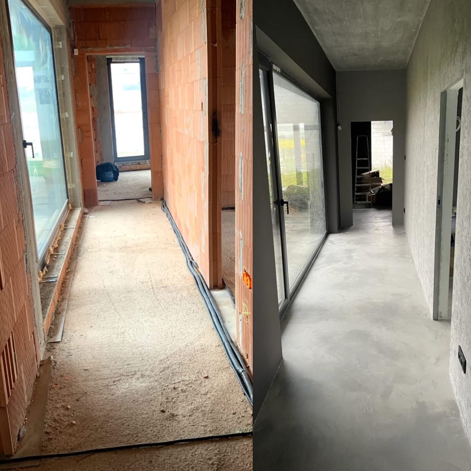 Porównanie stanu surowego i wykończonego korytarza z dużymi oknami, widoczne cegły, instalacje elektryczne przed tynkowaniem oraz gładka, szara podłoga i ściany po malowaniu.