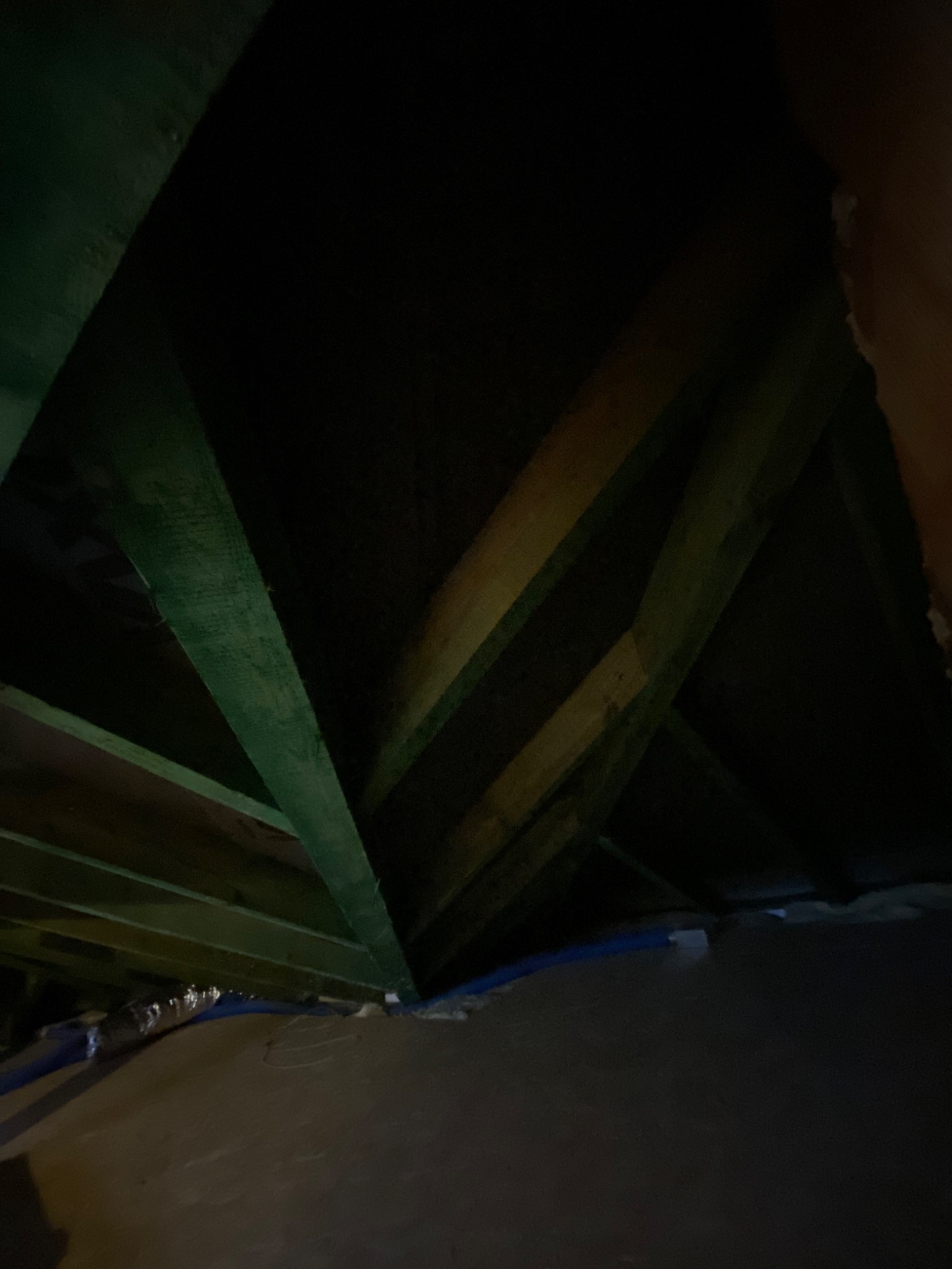 Wnętrze poddasza z widoczną konstrukcją drewnianą, częściowo pomalowaną na zielono, oraz niebieską rurą instalacyjną, słabe oświetlenie.