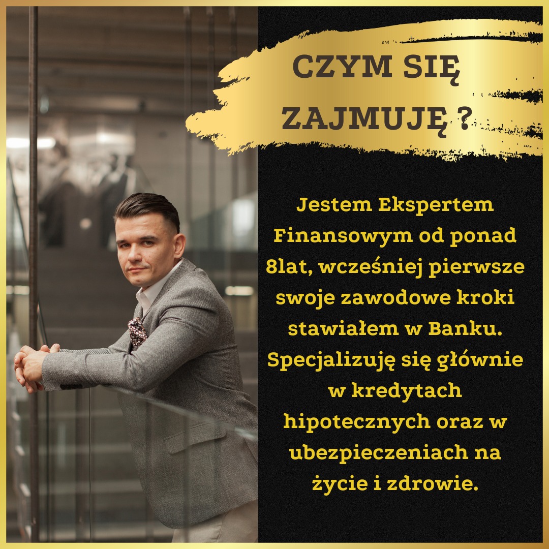 Portret mężczyzny w szarej marynarce, opierającego się o szklaną balustradę, obok tekst informujący o specjalizacji w kredytach hipotecznych i ubezpieczeniach na życie.