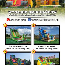 Łukasz Nowak - Katalog z czterema zdjęciami dmuchanych zjeżdżalni o tematyce safari, piratów, dżungli i sawanny. Każda zjeżdżalnia ma podane wymiary i długość ślizgu.