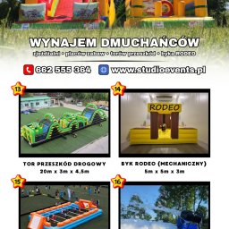 Łukasz Nowak - Dwa dmuchańce: zjeżdżalnia z motywem dinozaura i dmuchany zamek z motywem zoo, na trawie. Widoczny numer telefonu i adres strony internetowej.