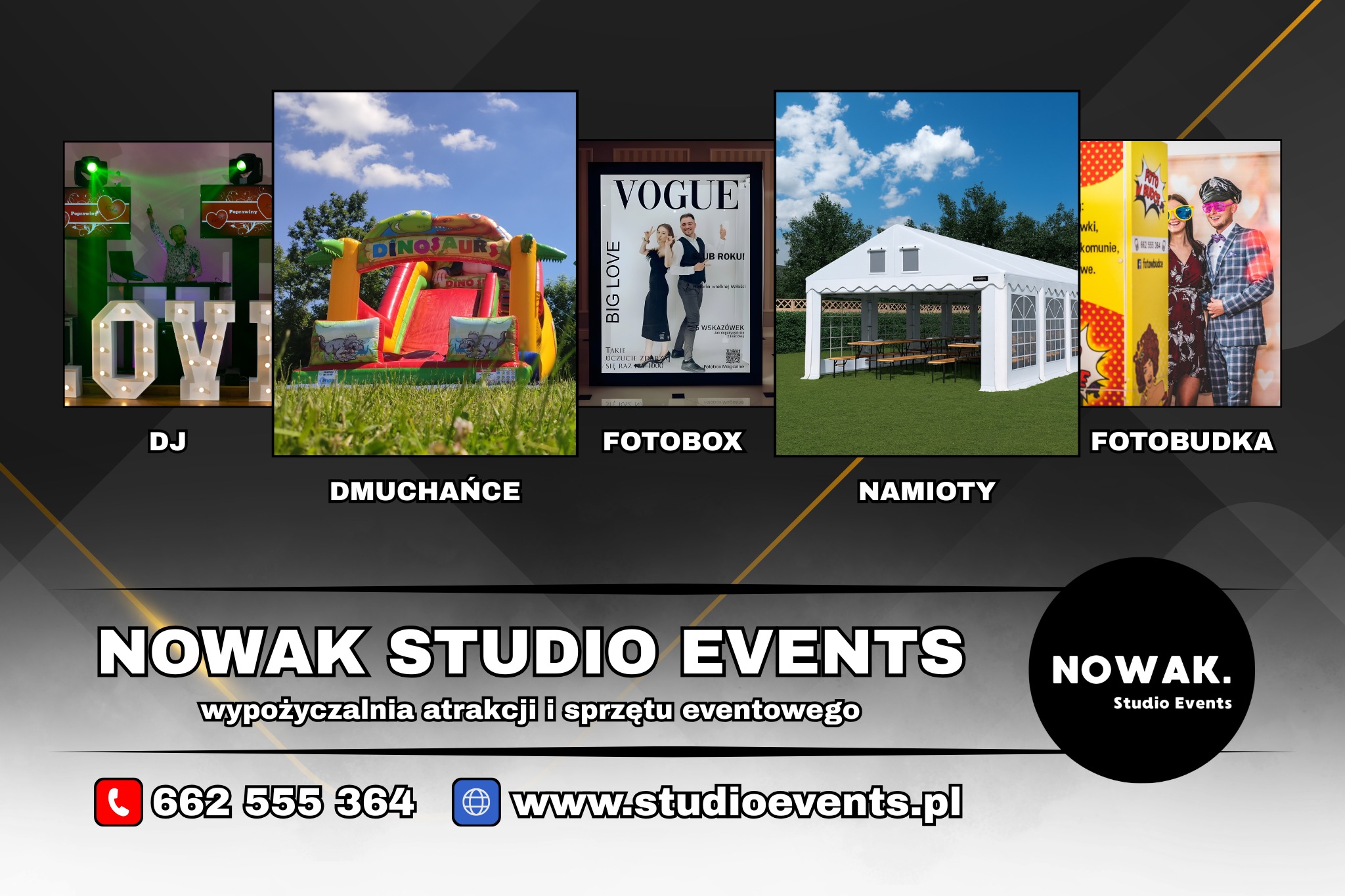 Kompozycja z atrakcjami eventowymi: DJ, dmuchaniec, fotobox, namiot i fotobudka. Grafika reklamowa z logo i danymi kontaktowymi firmy.