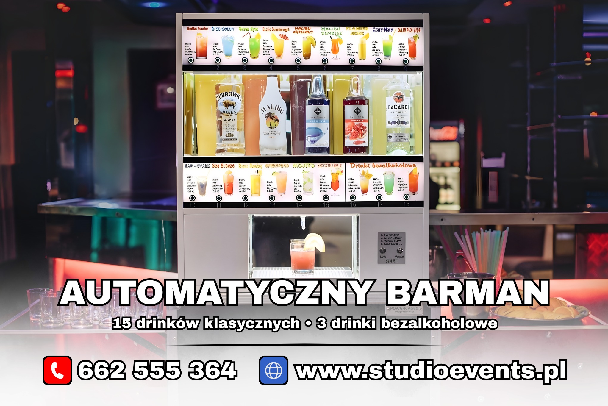 Automat z drinkami: 15 klasycznych i 3 bezalkoholowe. Podświetlone butelki alkoholi i syropów. Wybór drinków z opisami. Szklanka z drinkiem w podświetlonym okienku.