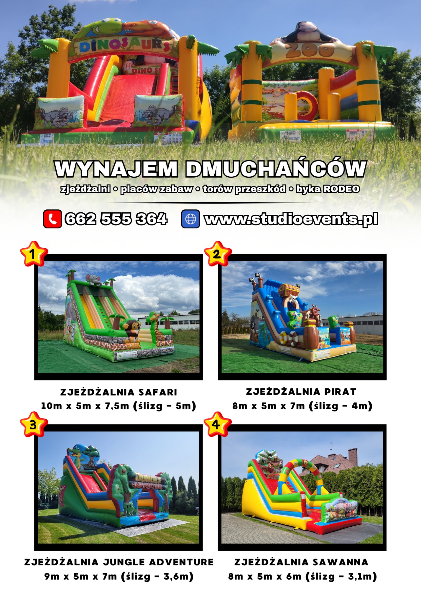Katalog z czterema zdjęciami dmuchanych zjeżdżalni o tematyce safari, piratów, dżungli i sawanny. Każda zjeżdżalnia ma podane wymiary i długość ślizgu.