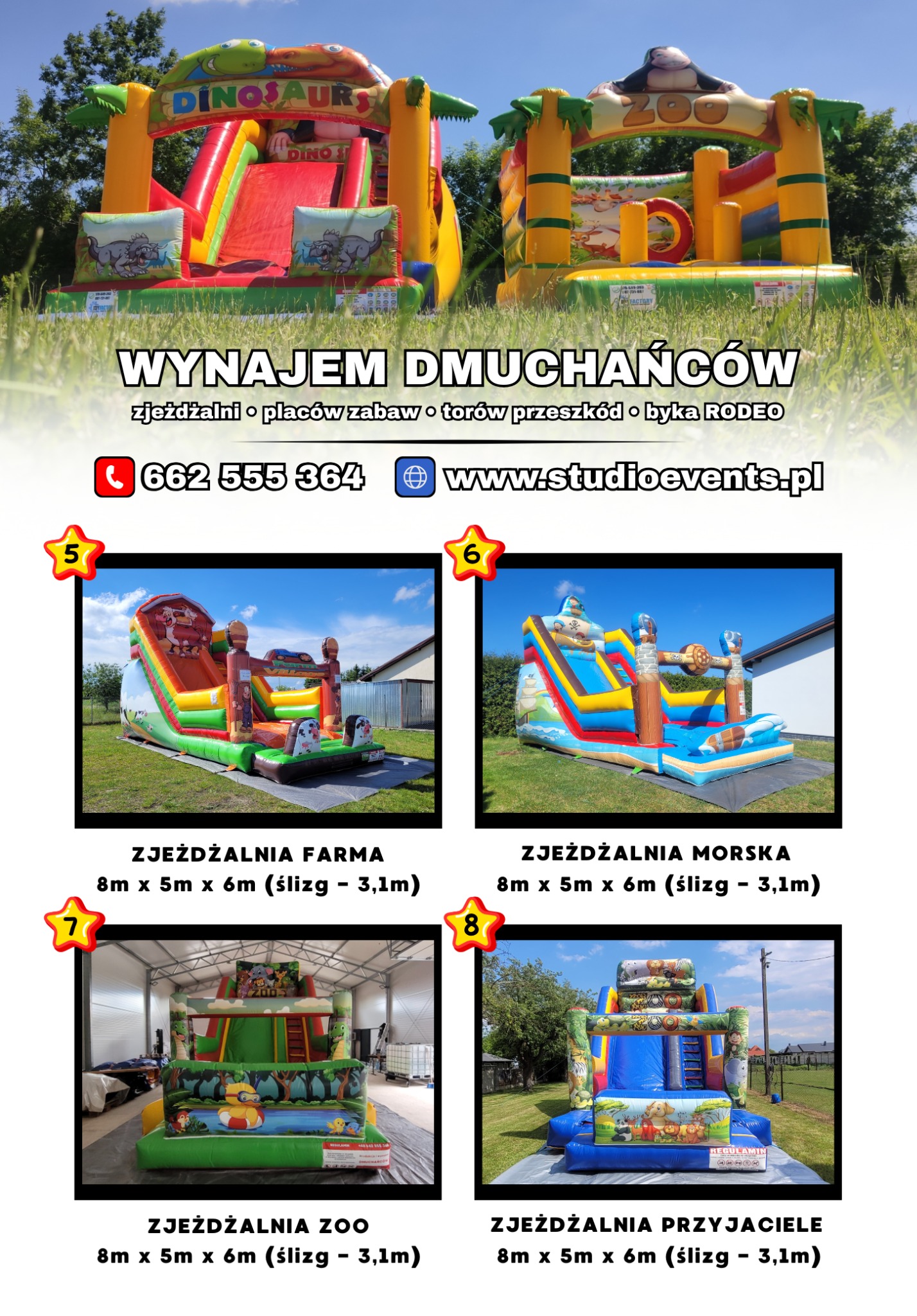 Kompozycja z czterech zdjęć dmuchanych zjeżdżalni o tematyce: dinozaury, farma, morska i zoo. Każda zjeżdżalnia ma podane wymiary: 8m x 5m x 6m (ślizg - 3,1m).