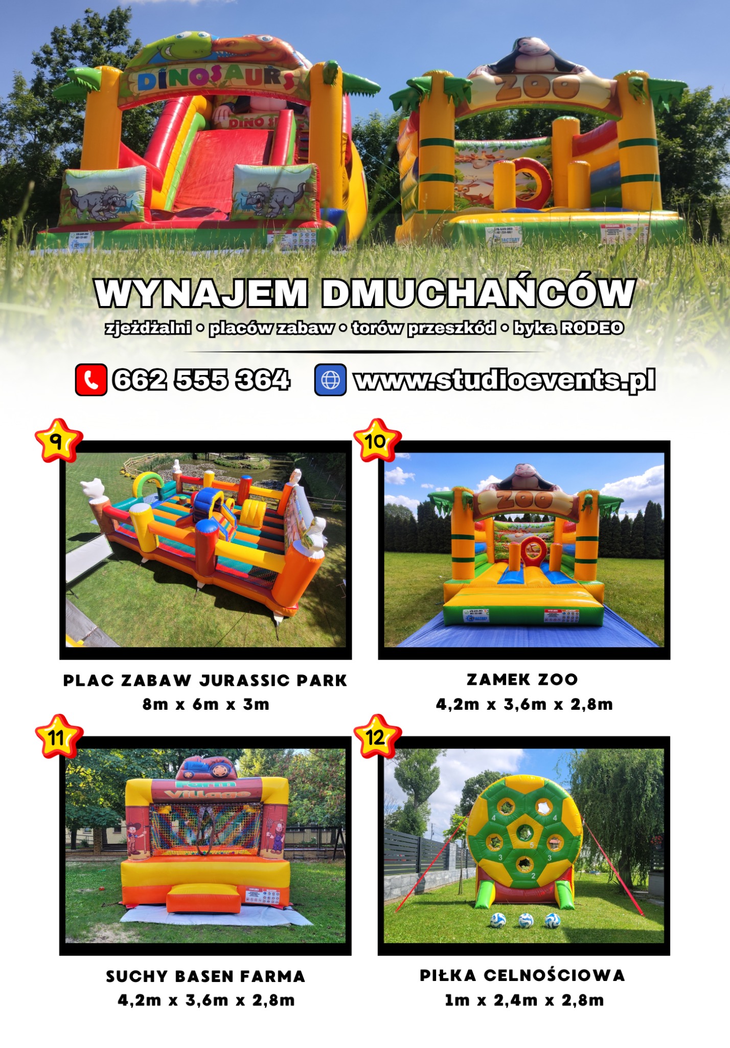 Kompilacja zdjęć dmuchańców: zjeżdżalnia z dinozaurami, zamek zoo, suchy basen farma i piłka celnościowa. Różne atrakcje na wynajem.