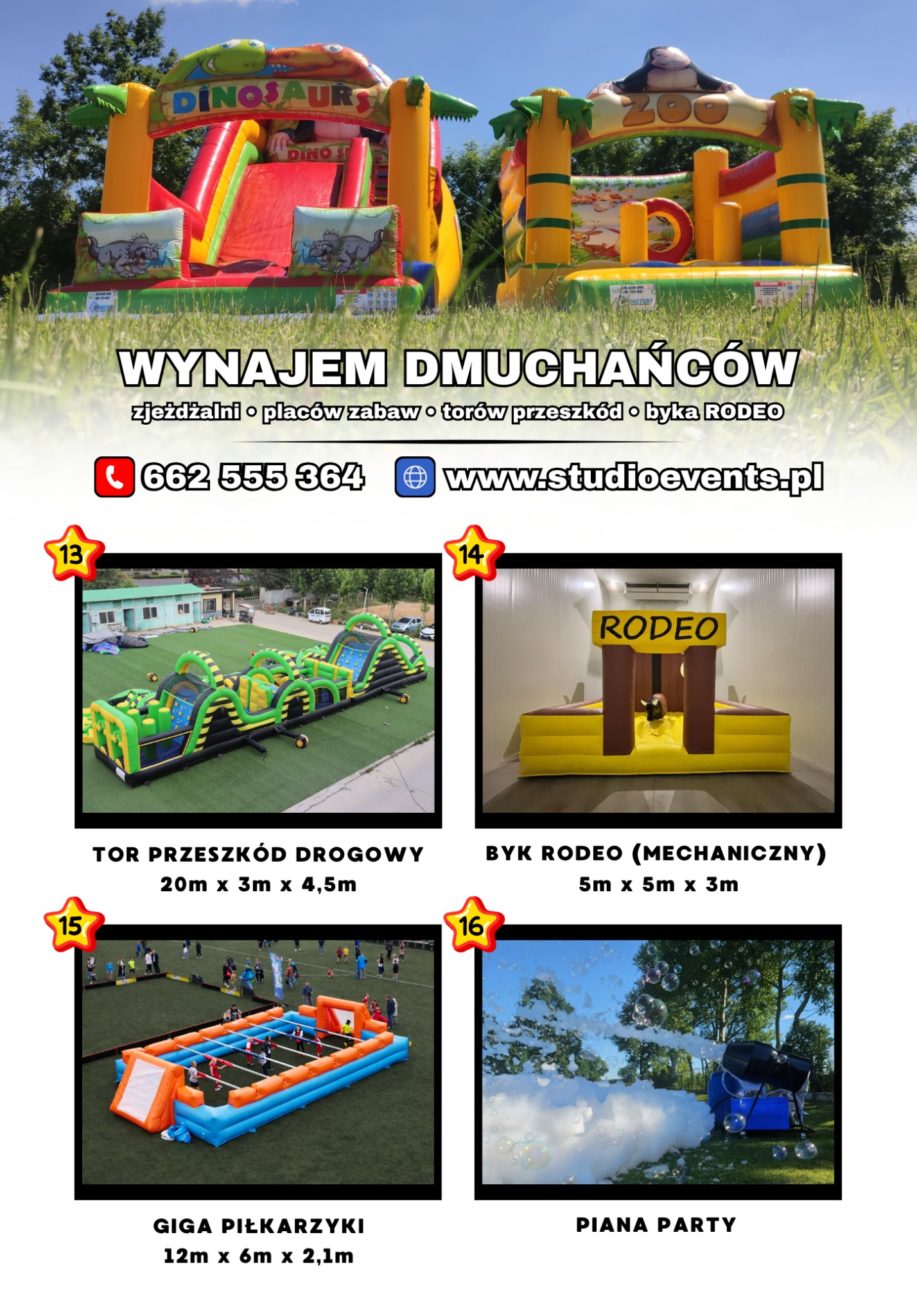 Dwa dmuchańce: zjeżdżalnia z motywem dinozaura i dmuchany zamek z motywem zoo, na trawie. Widoczny numer telefonu i adres strony internetowej.