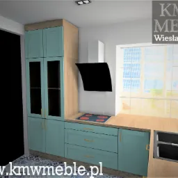 Wizualizacja kuchni z turkusowymi frontami szafek, drewnianym blatem i czarnym okapem, widoczny zlew i płyta grzewcza, podłoga z wzorem marokańskim, logo firmy w rogu.