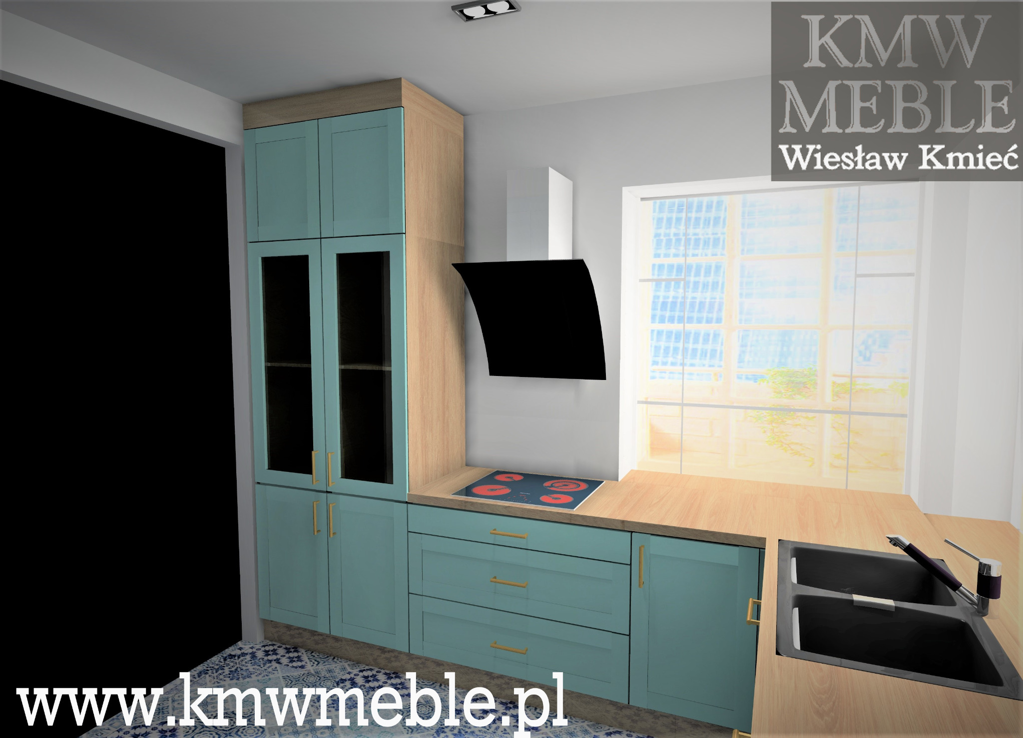 Wizualizacja kuchni z turkusowymi frontami szafek, drewnianym blatem i czarnym okapem, widoczny zlew i płyta grzewcza, podłoga z wzorem marokańskim, logo firmy w rogu.