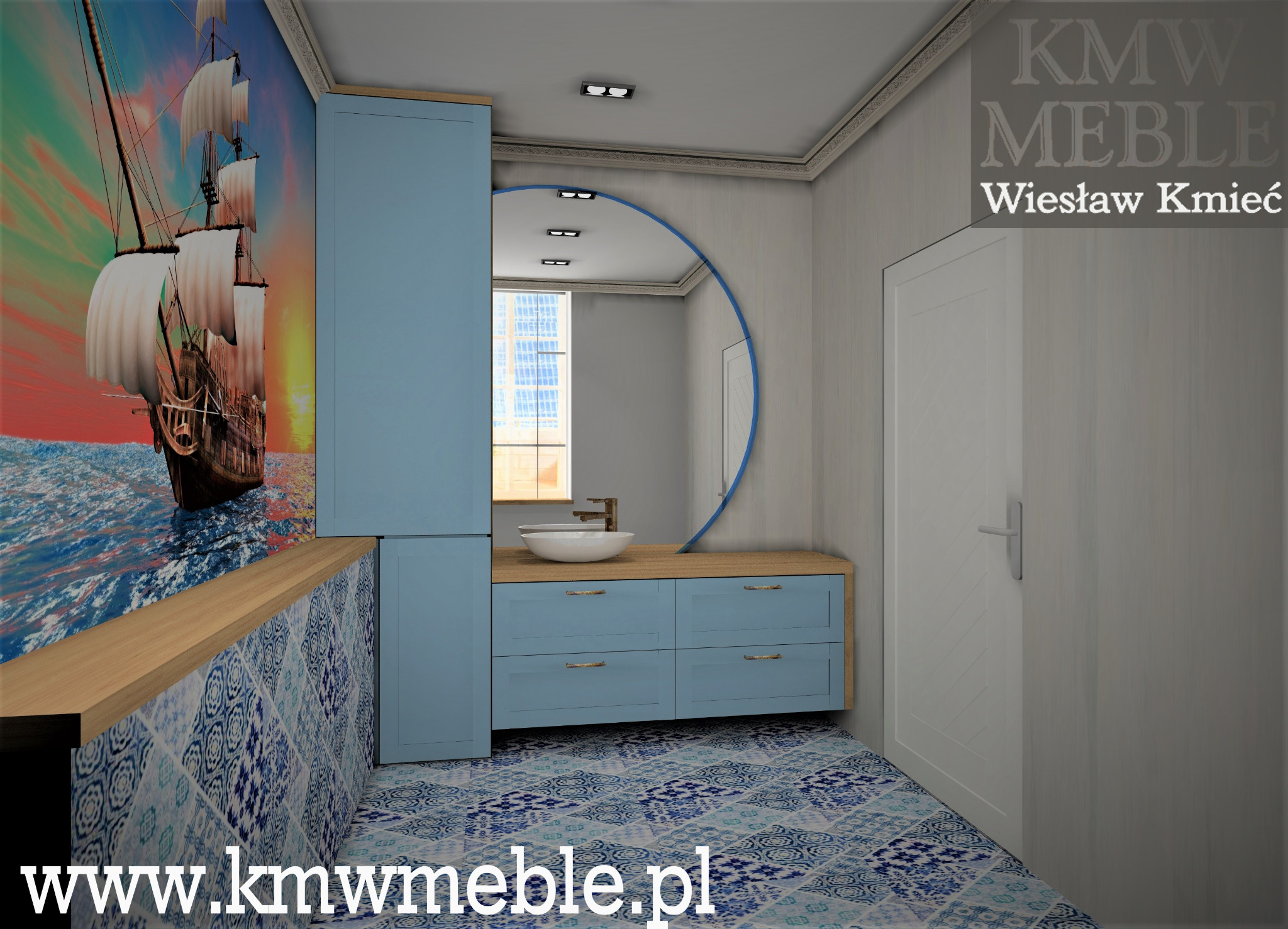 Wizualizacja łazienki z niebieskimi meblami na wymiar, okrągłym lustrem i wzorzystą tapetą z motywem żaglowca, zlew nablatowy