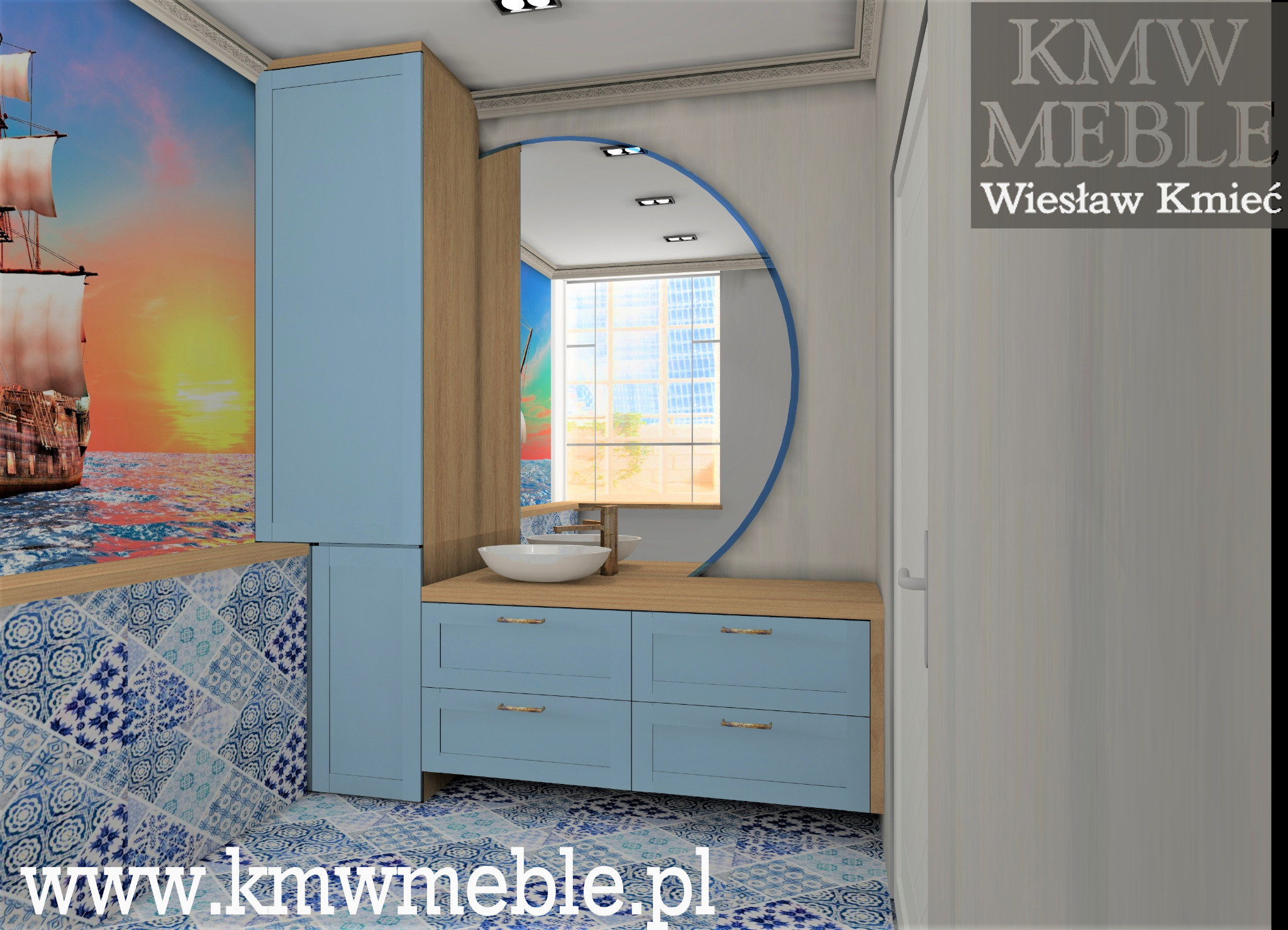 Wizualizacja łazienki z niebieskimi szafkami, drewnianym blatem, okrągłym lustrem, tapetą z motywem żaglowca i wzorzystymi płytkami podłogowymi. Widoczne logo firmy KMWM Meble.