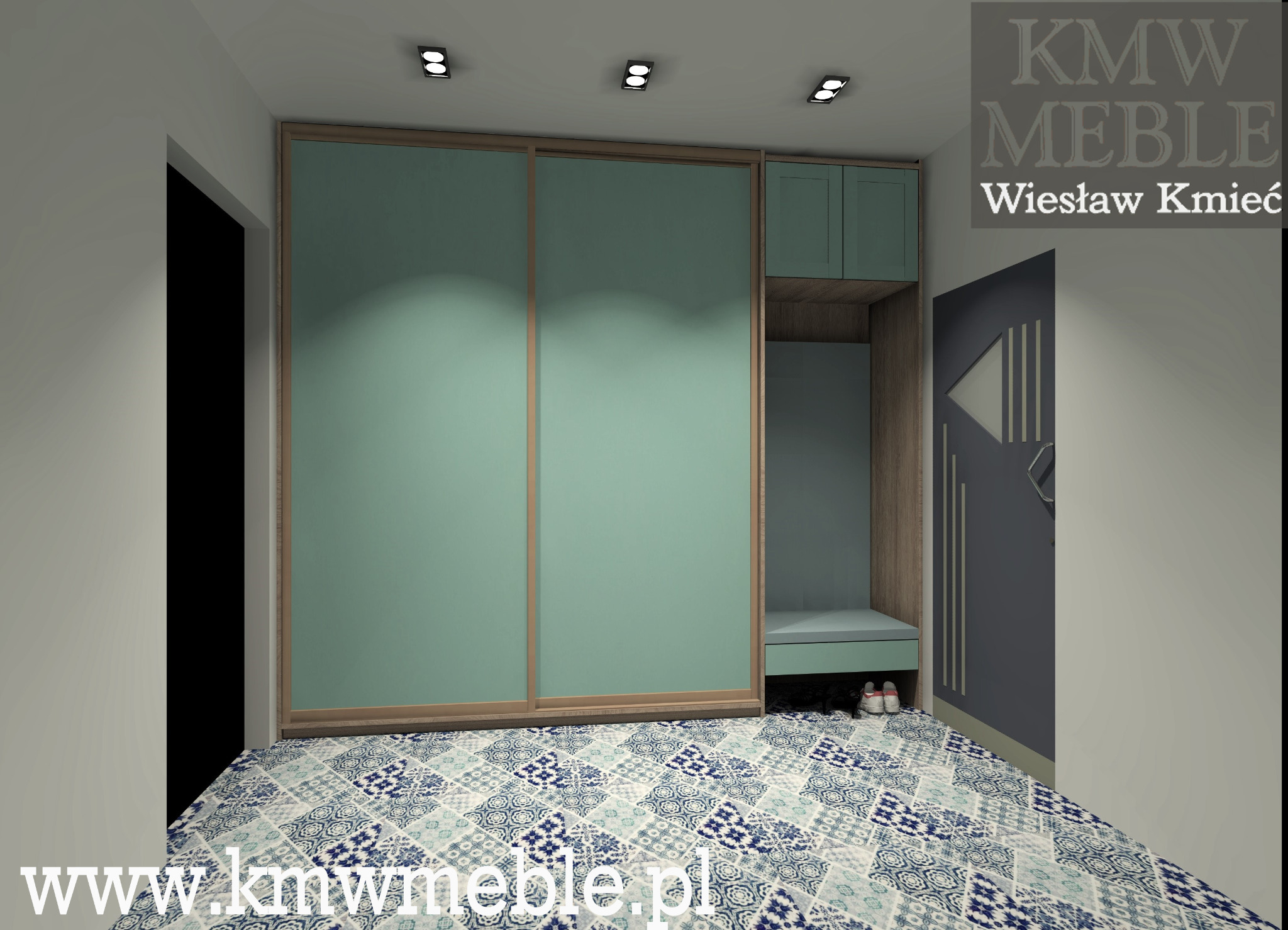 Wizualizacja szafy wnękowej z przesuwnymi drzwiami w kolorze miętowym, siedziskiem i szafkami, na podłodze wzorzyste płytki, logo firmy KM Meble w prawym górnym rogu.