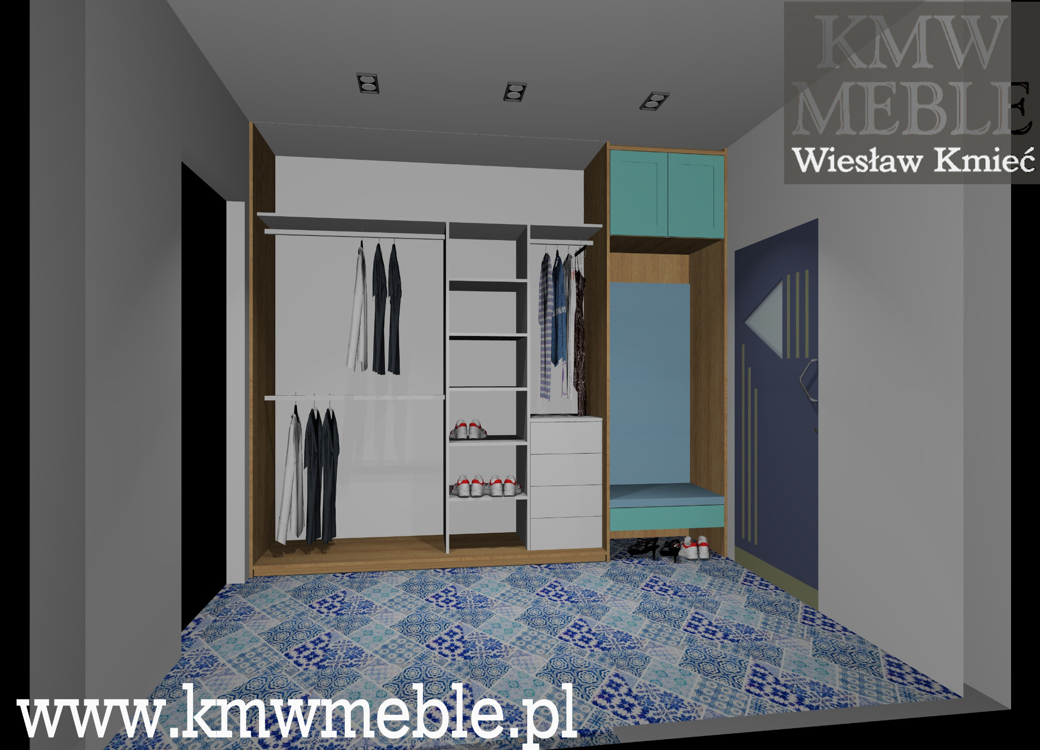 Wizualizacja garderoby z szafą przesuwną, półkami na buty, siedziskiem i wieszakami, uzupełniona o niebieską mozaikę na podłodze i logo firmy KMWM Meble.