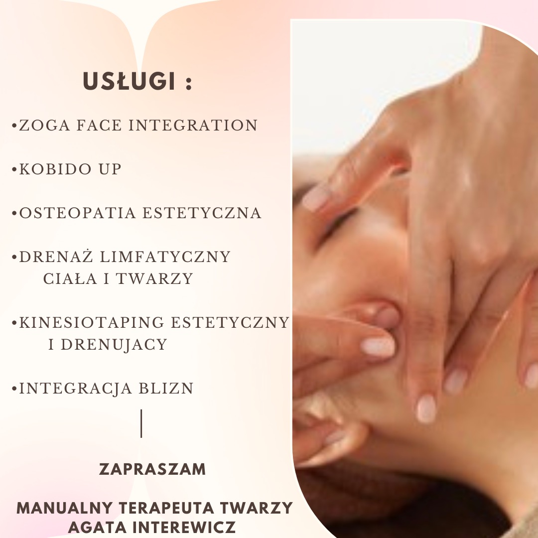 Zbliżenie na twarz kobiety podczas zabiegu manualnego na twarzy, wykonywanego przez terapeutę. Widoczne dłonie terapeuty delikatnie masujące skórę w okolicy oka. Po lewej stronie lista oferowanych...