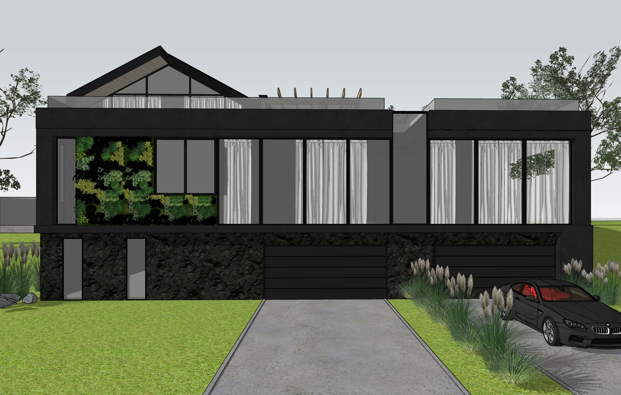 Wizualizacja nowoczesnego domu murowanego z płaskim dachem, pionową zielenią na elewacji, garażem i podjazdem, obok zaparkowany czarny samochód.