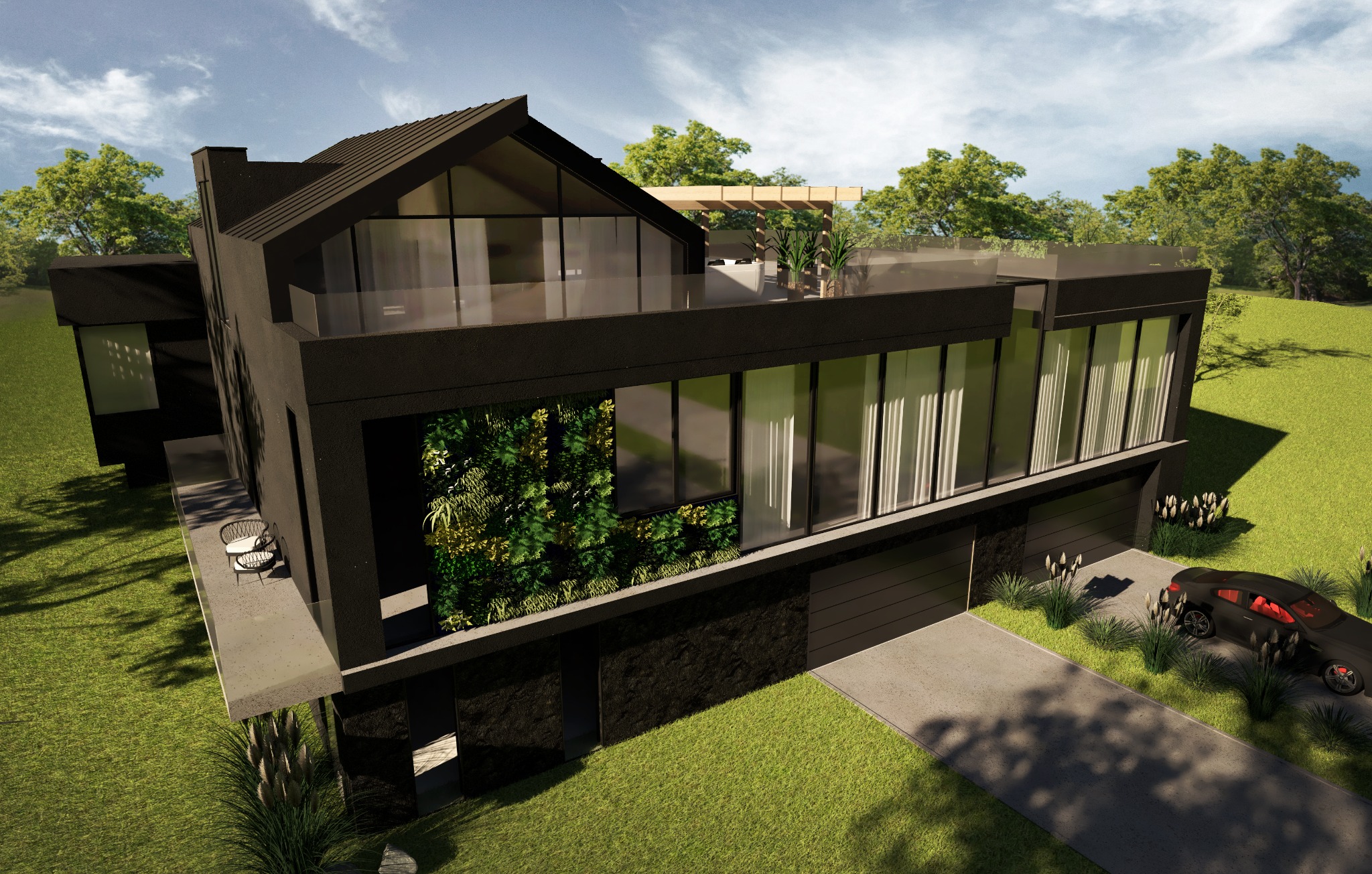 Wizualizacja nowoczesnego, dwukondygnacyjnego domu z płaskim dachem, czarną elewacją i zieloną ścianą, z garażem na dwa samochody i tarasem na dachu.
