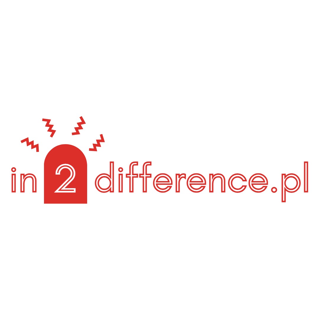 Czerwone logo 'in 2 difference.pl' z symbolem alarmu na białym tle.