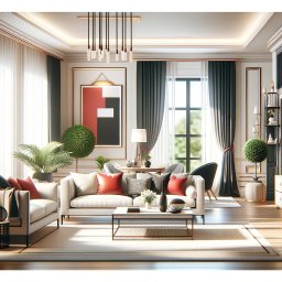 Lider Nieruchomosci i Finanse - Elegancki salon z dwoma białymi sofami, czarnymi i białymi zasłonami, nowoczesnym oświetleniem i dekoracyjnymi roślinami, utrzymany w jasnej kolorystyce z akcentami czerwieni i czerni.