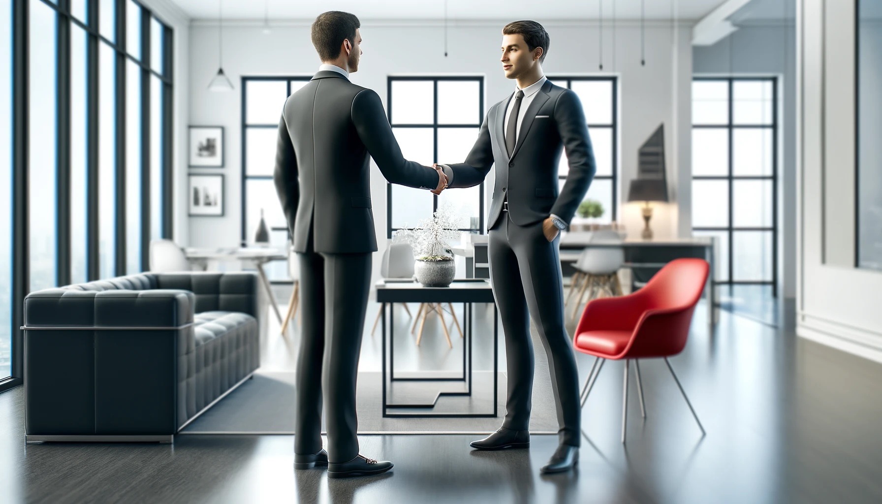 Dwóch mężczyzn w garniturach uściskuje sobie dłonie w nowoczesnym biurze z czarną sofą, czerwoną krzesłem i rośliną na stole.
