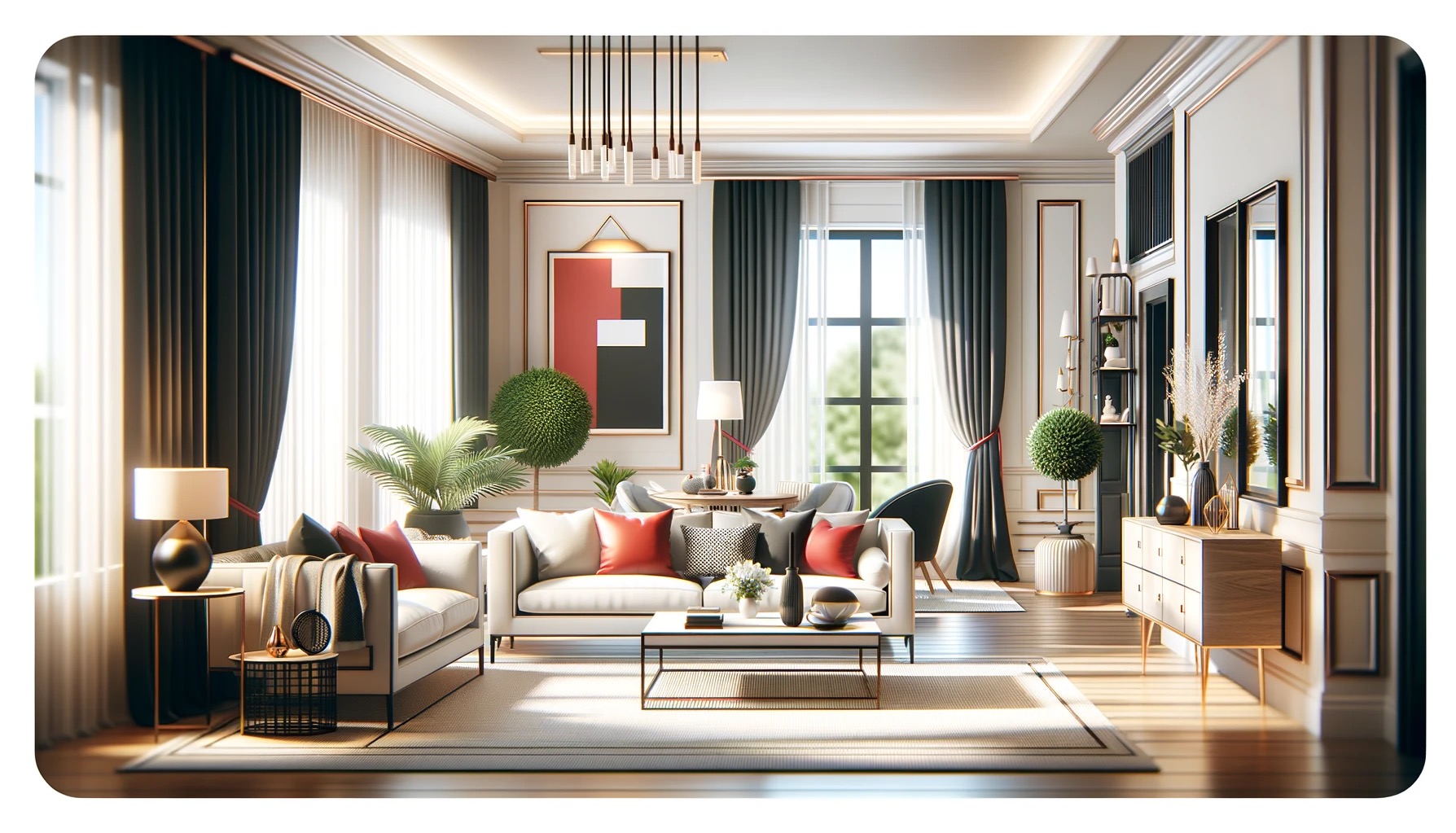 Elegancki salon z dwoma białymi sofami, czarnymi i białymi zasłonami, nowoczesnym oświetleniem i dekoracyjnymi roślinami, utrzymany w jasnej kolorystyce z akcentami czerwieni i czerni.