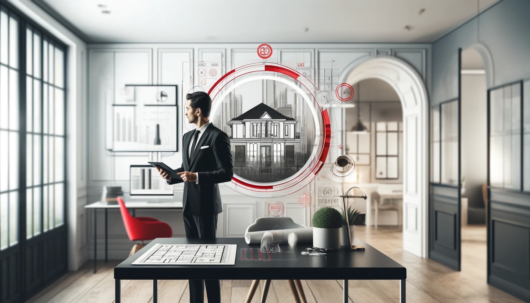 Elegancki mężczyzna w garniturze trzymający tablet, na tle wizualizacji domu otoczonej czerwonymi okręgami i planami architektonicznymi w nowoczesnym biurze.
