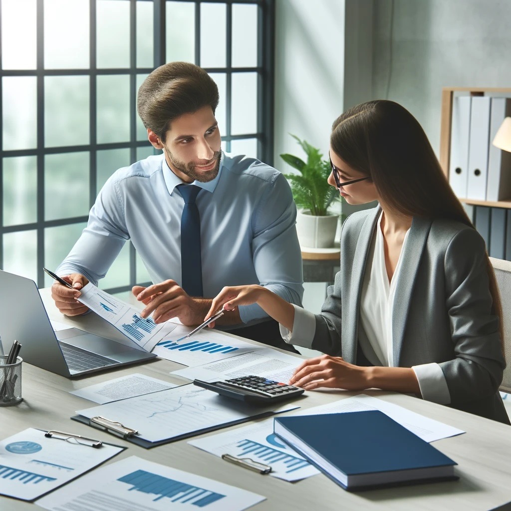 Dwoje konsultantów analizuje wykresy na papierze przy biurku z laptopem, kalkulatorem i dokumentami w biurze z dużym oknem i rośliną w tle.