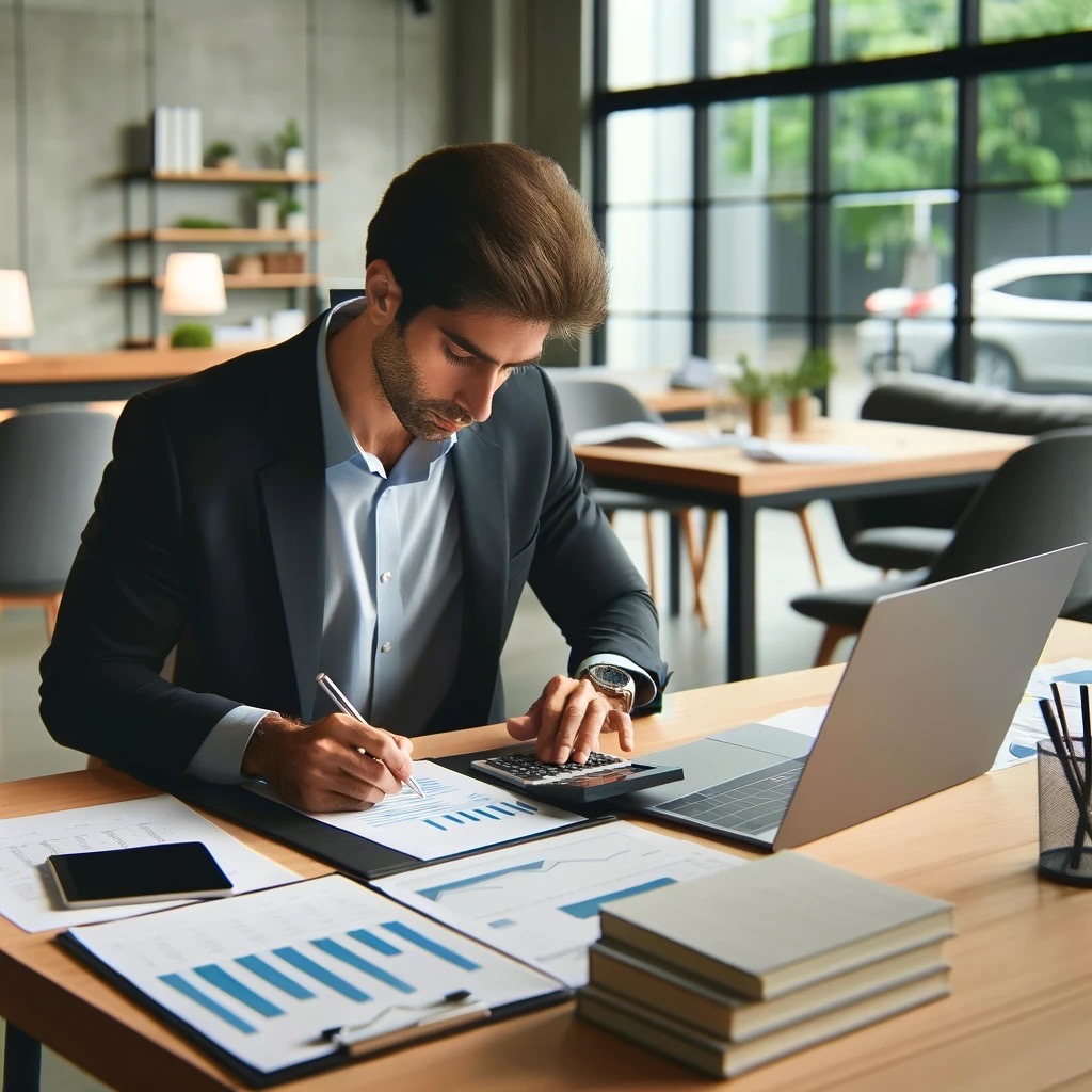 Mężczyzna w garniturze analizuje wykresy i obliczenia przy użyciu kalkulatora i długopisu na biurku z laptopem, telefonem i stosem książek w tle nowoczesnego biura.