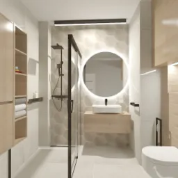 Wizualizacja nowoczesnej łazienki z kabiną prysznicową typu walk-in, okrągłym lustrem z podświetleniem LED, wiszącą szafką z umywalką oraz wiszącą toaletą. Na ścianach płytki imitujące drewno...
