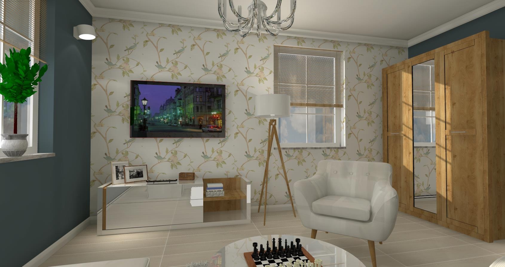 Wizualizacja salonu z tapetą w motywy roślinne, białą komodą, drewnianą szafą, lampą stojącą na trójnogu i szachami na okrągłym stoliku kawowym.