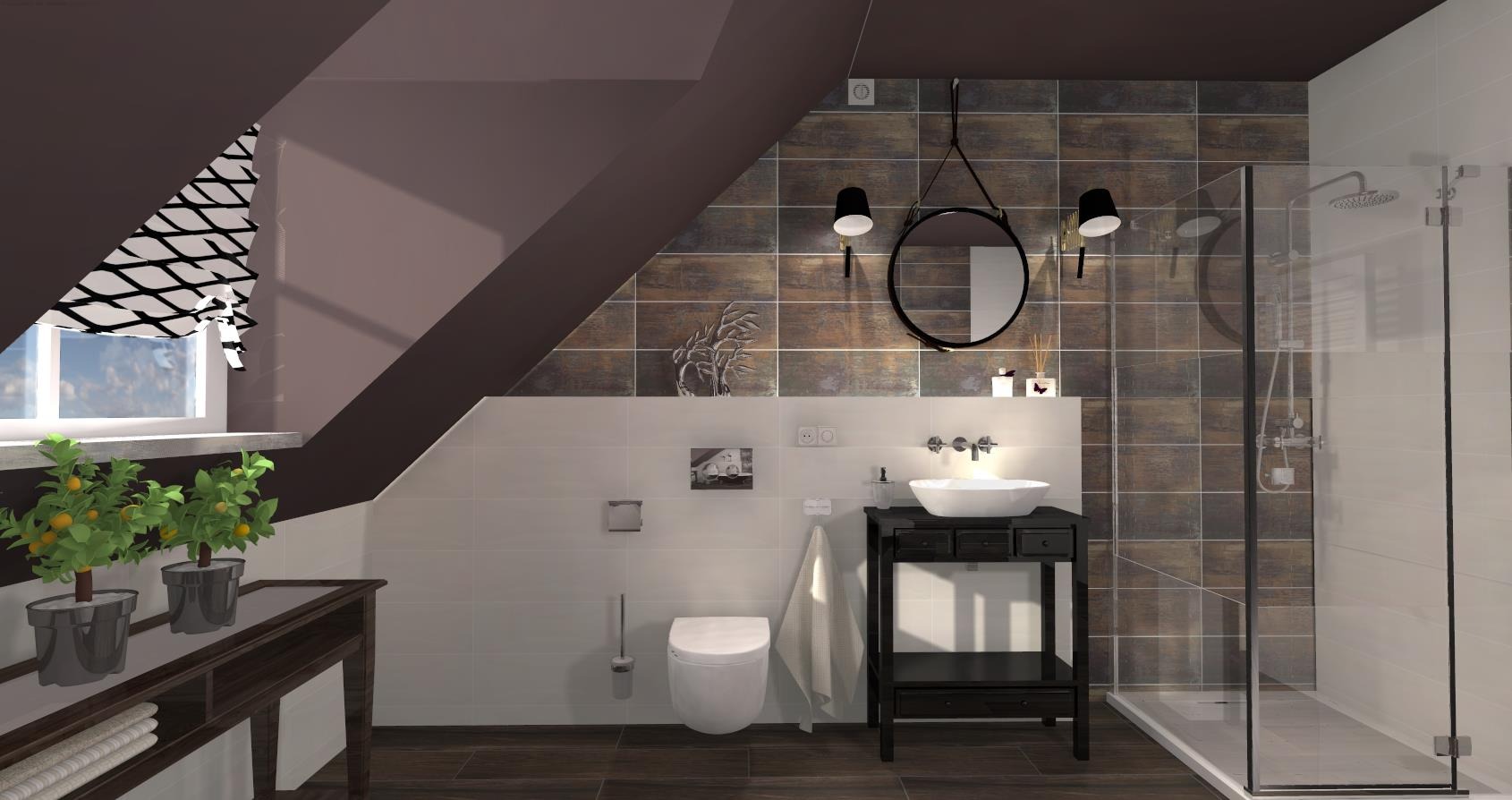 Wizualizacja łazienki na poddaszu z brązowymi akcentami, kabiną prysznicową ze szklanymi drzwiami, umywalką nablatową na czarnej konsoli, okrągłym lustrem zawieszonym na sznurku, oknem z roletą...