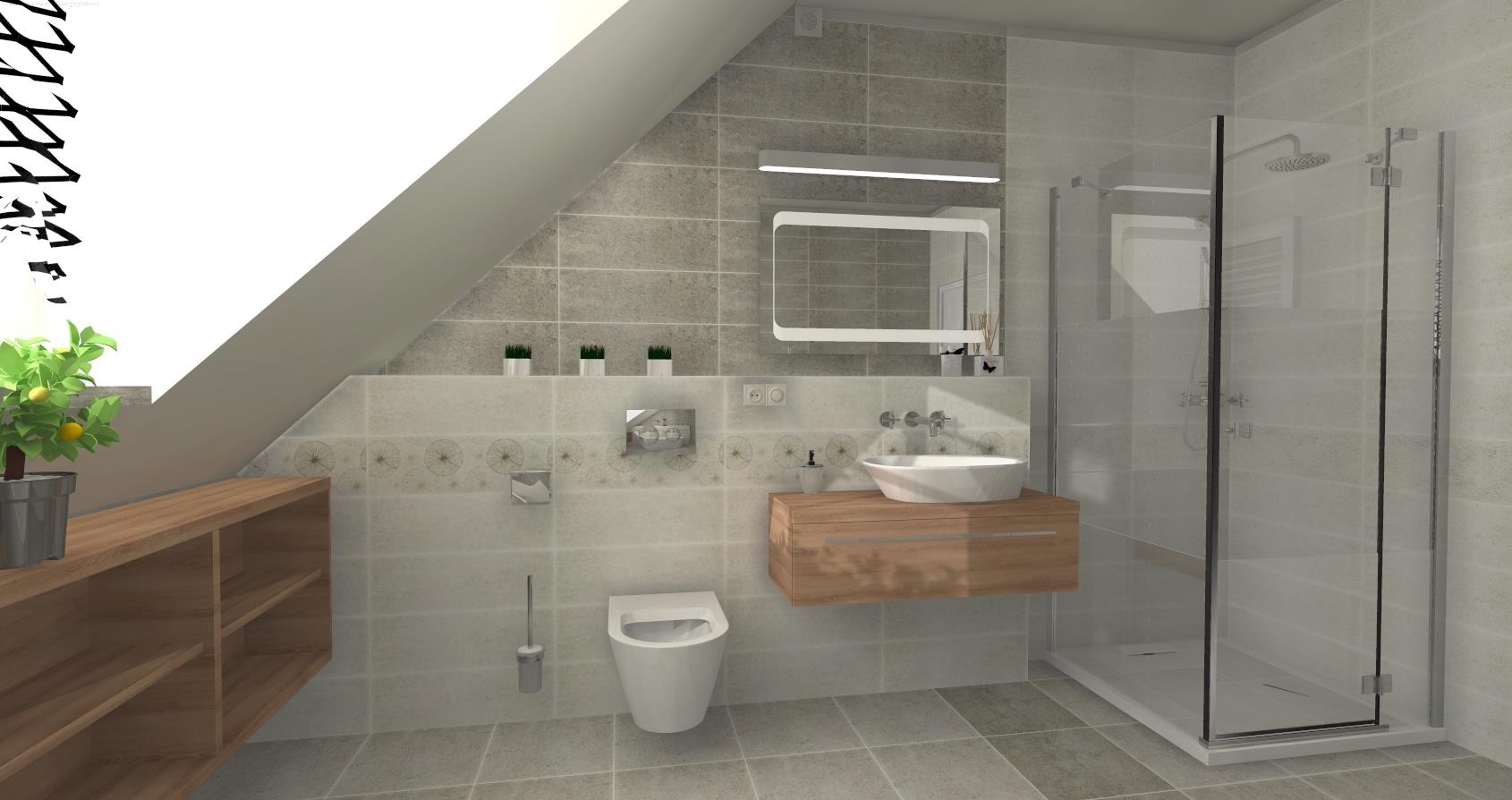 Wizualizacja łazienki na poddaszu z kabiną prysznicową, umywalką nablatową na drewnianej szafce, podwieszaną toaletą i półkami, utrzymana w szaro-beżowej kolorystyce z motywem kwiatowym na płytkach.