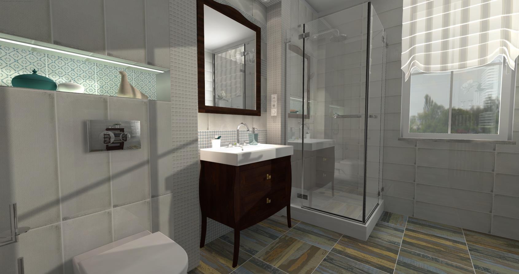 Wizualizacja łazienki z kabiną prysznicową, umywalką na ciemnym drewnianym postumencie, lustrem w drewnianej ramie, mozaiką na ścianach i drewnopodobną podłogą w odcieniach szarości, brązu...