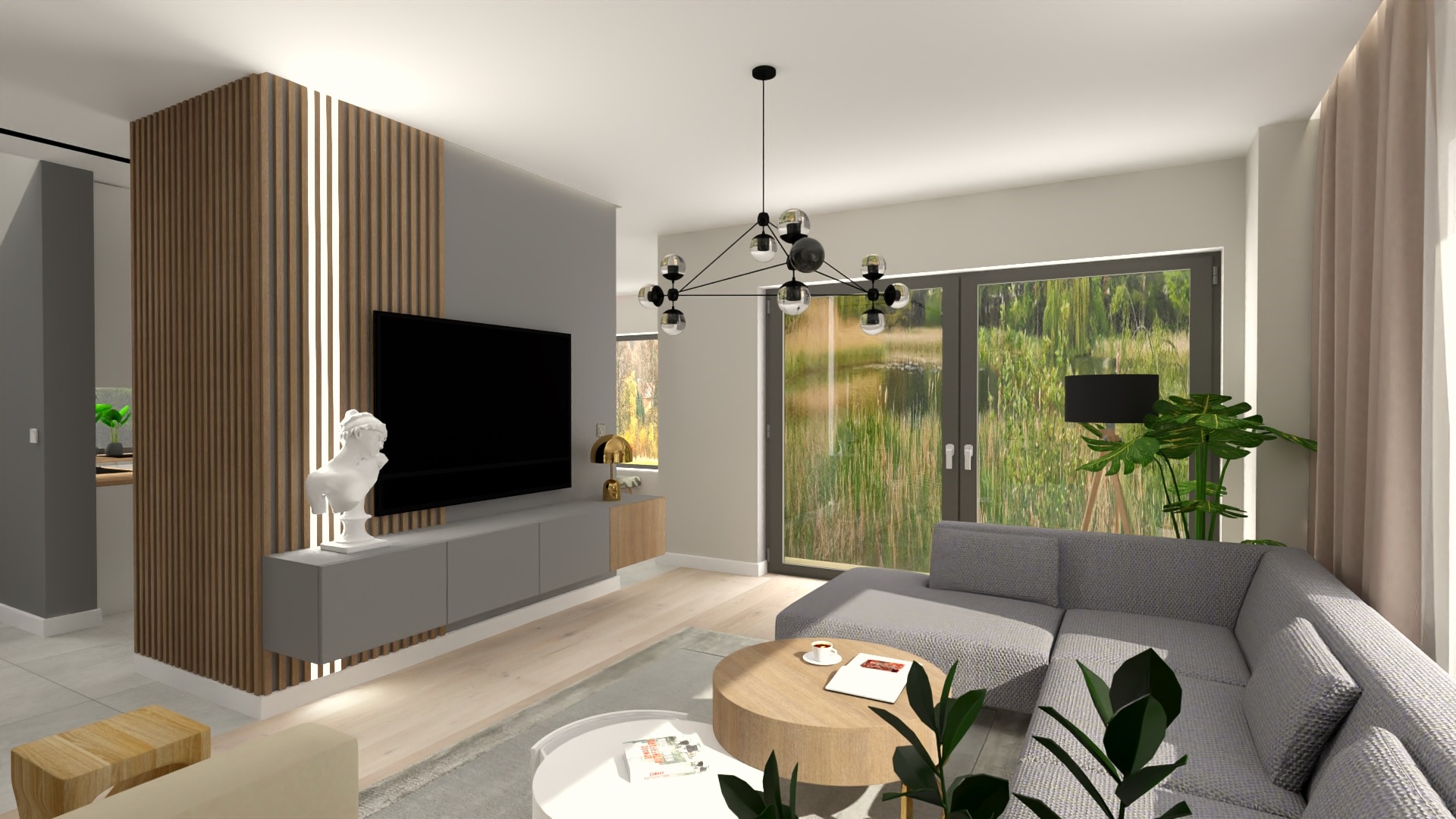Wizualizacja salonu z szarą sofą narożną, drewnianym panelem ściennym, rzeźbą popiersia i widokiem na zewnątrz przez duże okno.