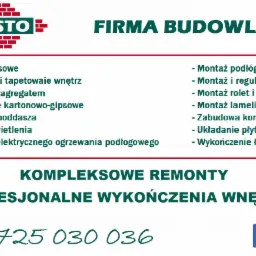 Folder reklamowy firmy budowlanej PROSTO, oferującej kompleksowe remonty i profesjonalne wykończenia wnętrz, z listą usług obejmującą gładzie gipsowe, malowanie, konstrukcje kartonowo-gipsowe...